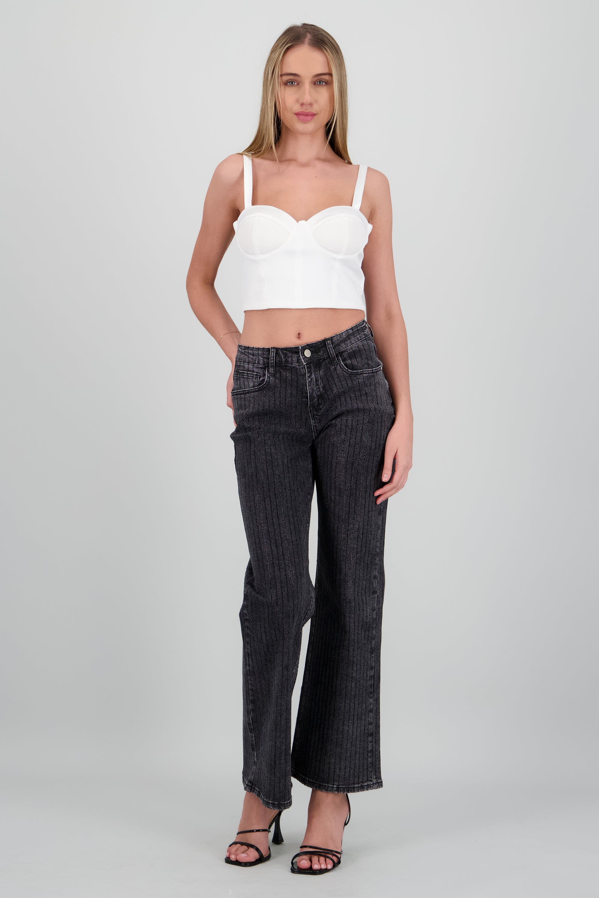 Jeans wide leg tiras brillos NEGRO