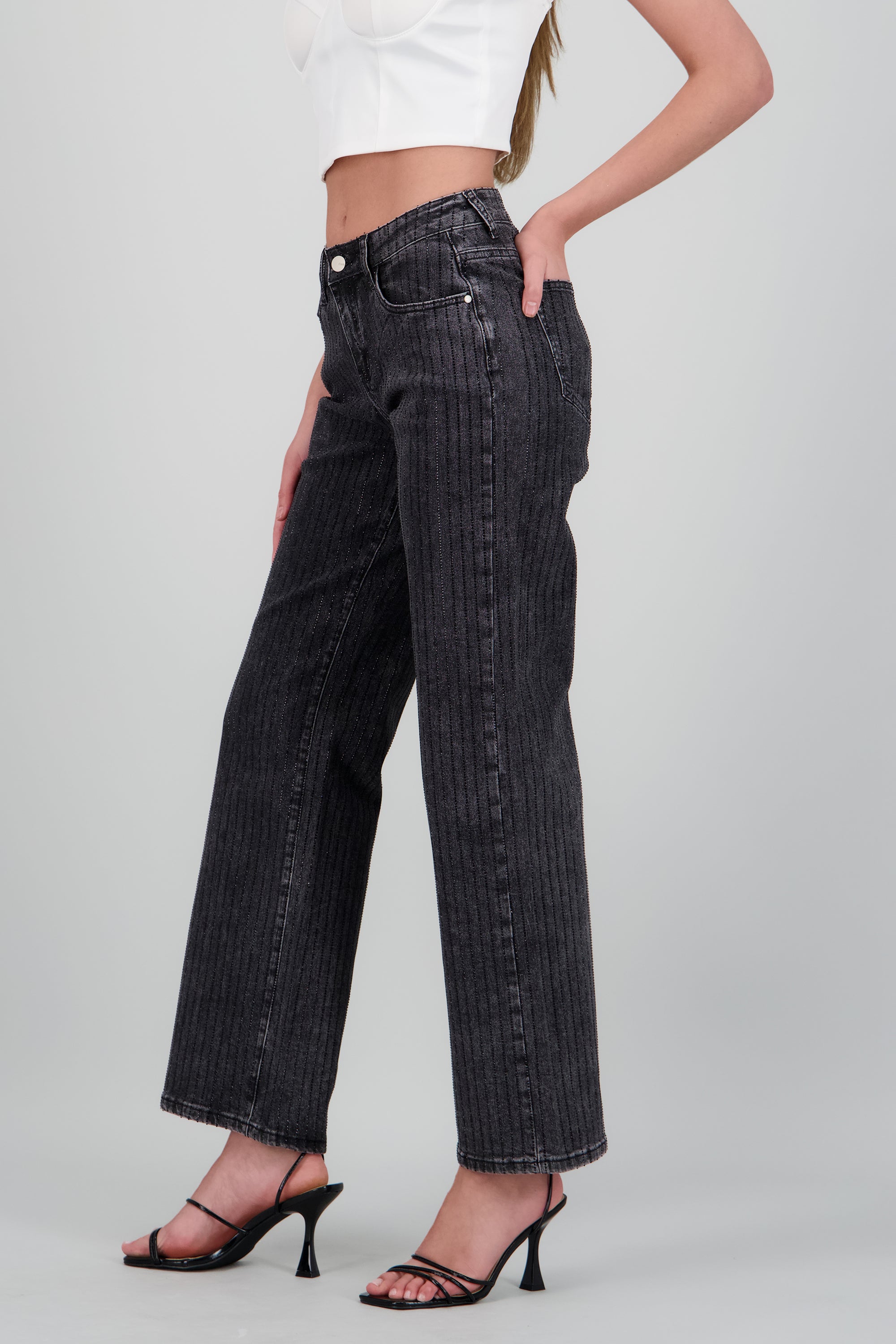 Jeans wide leg tiras brillos NEGRO