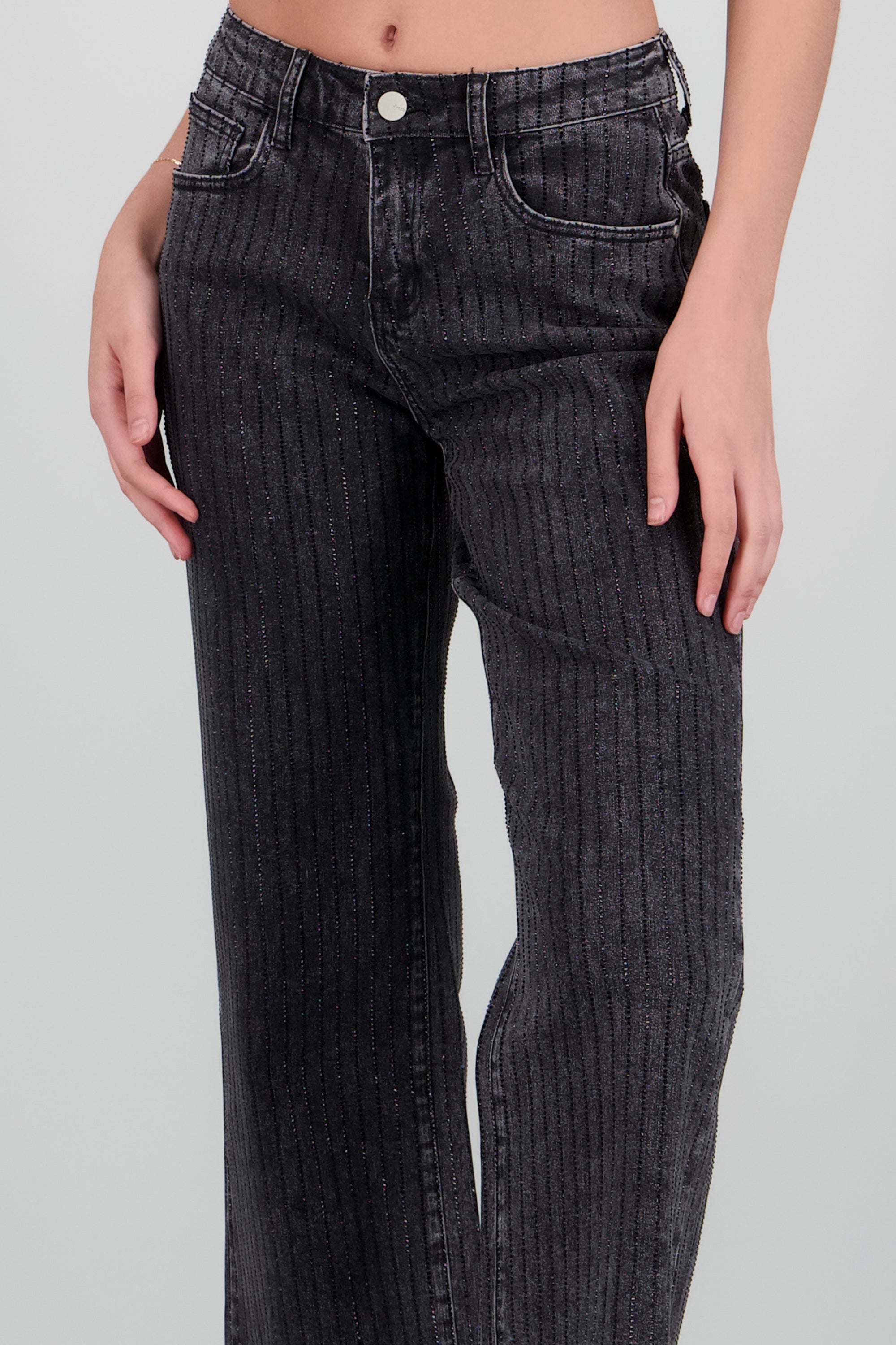 Jeans wide leg tiras brillos NEGRO