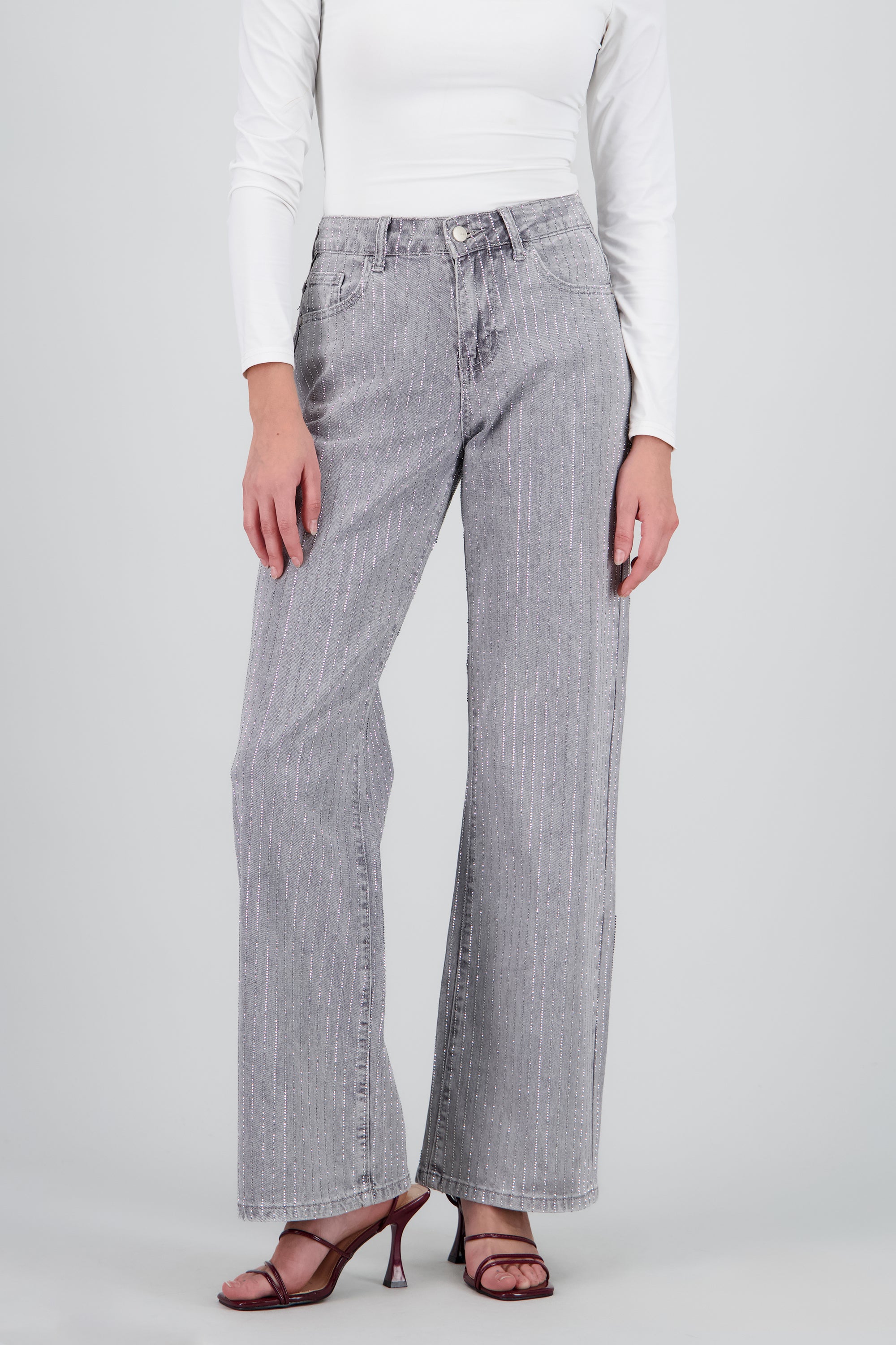Jeans wide leg tiras brillos GRIS