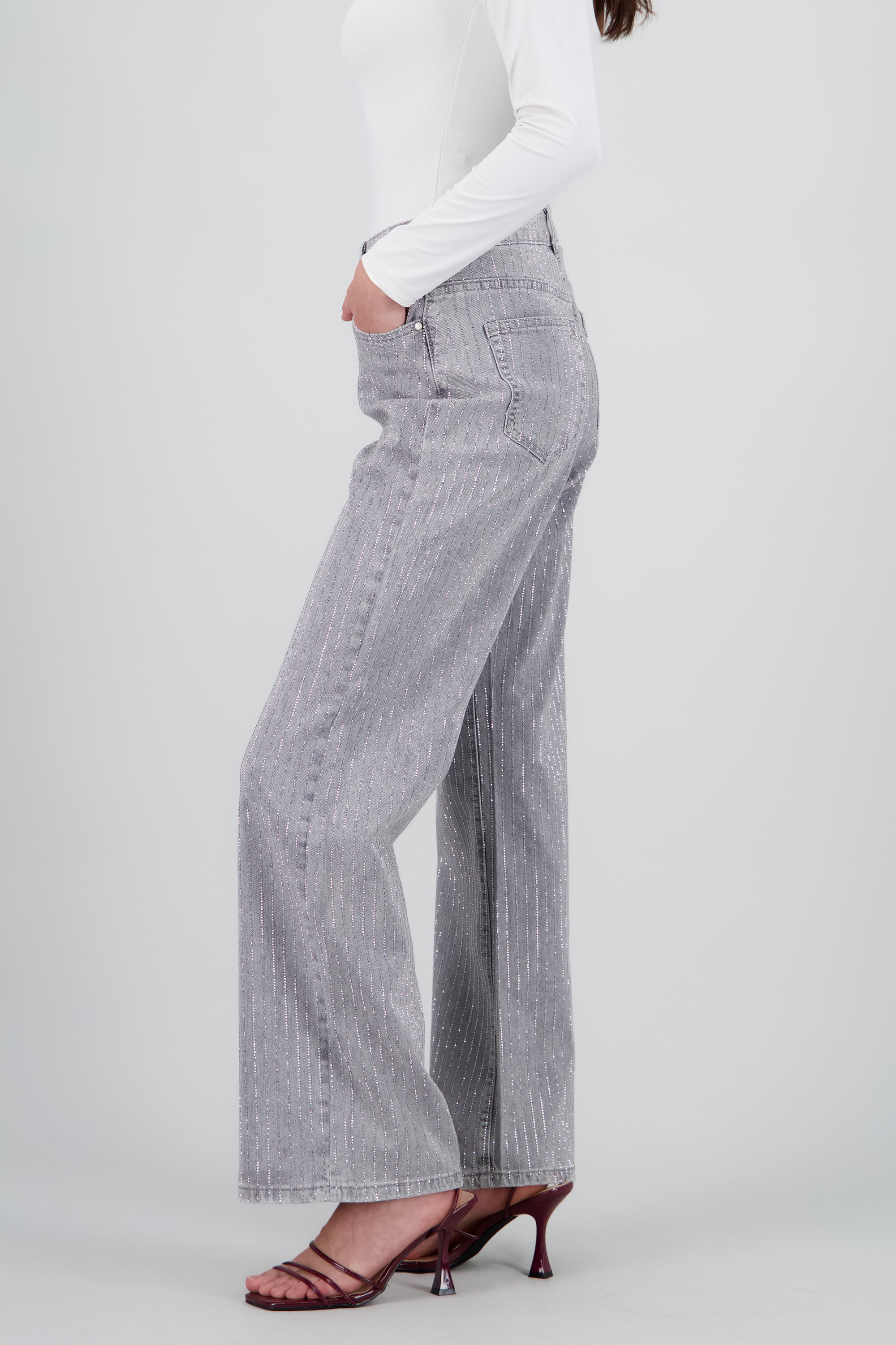 Jeans wide leg tiras brillos GRIS