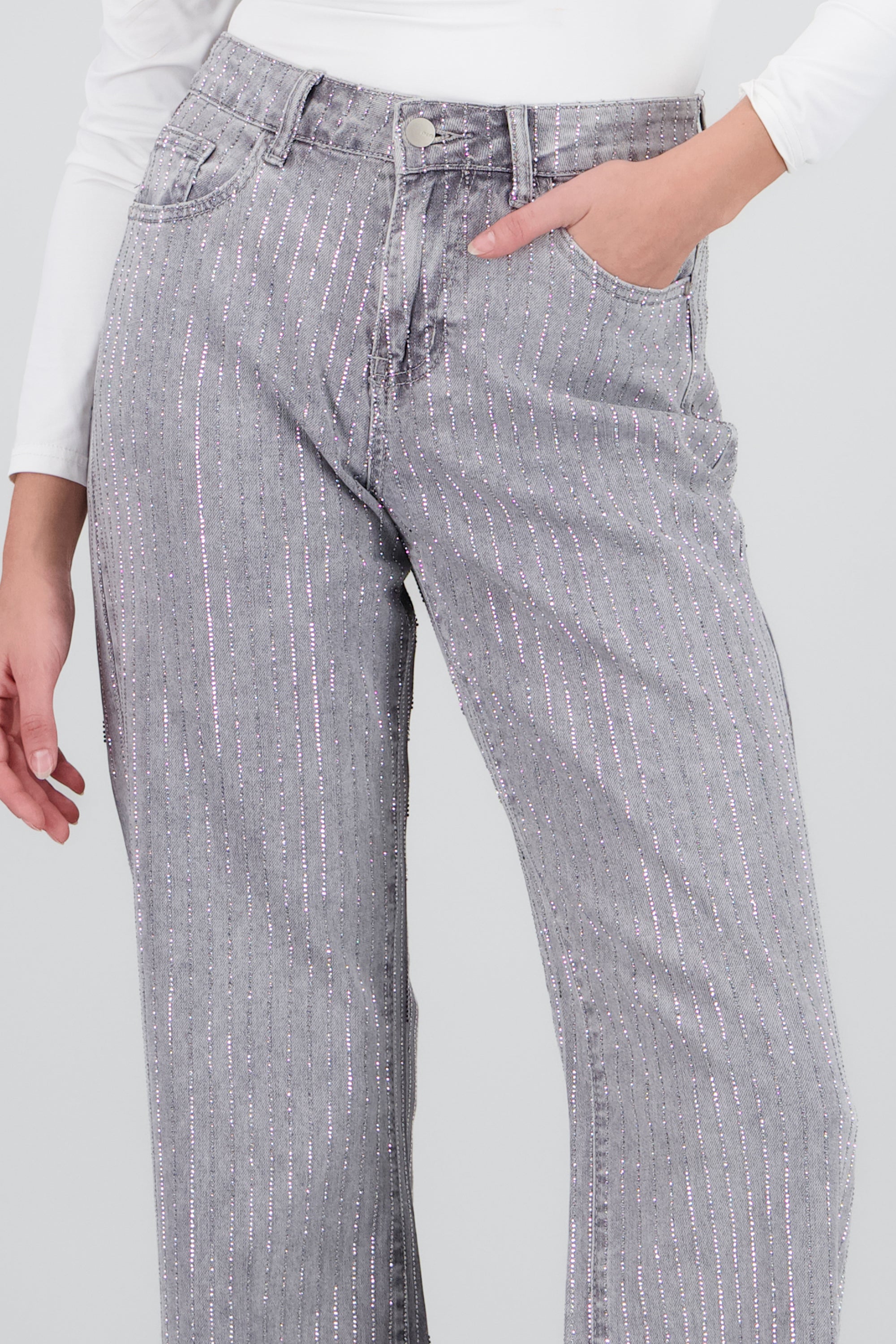 Jeans wide leg tiras brillos GRIS