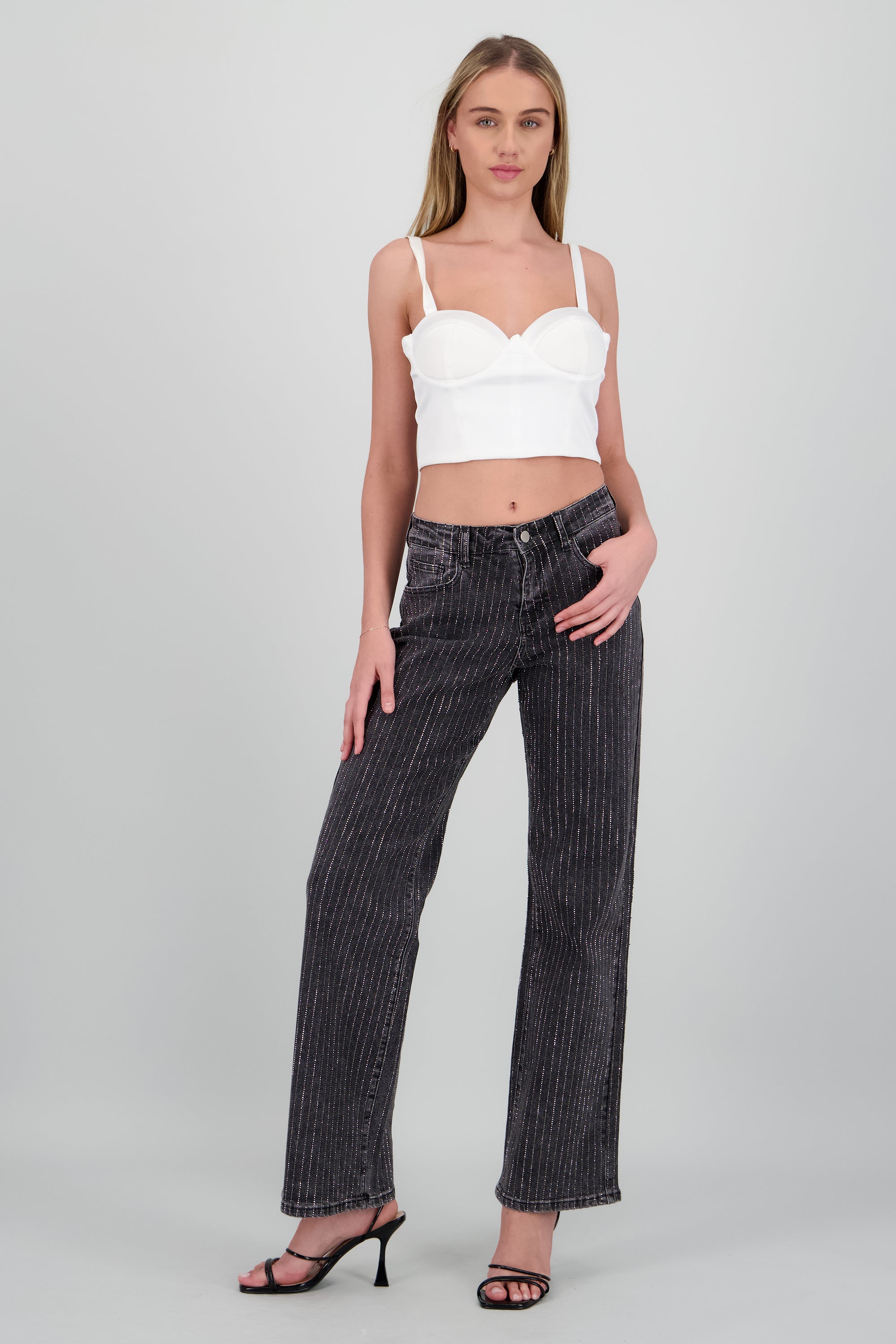 Jeans wide leg tiras brillos NEGRO COMBO