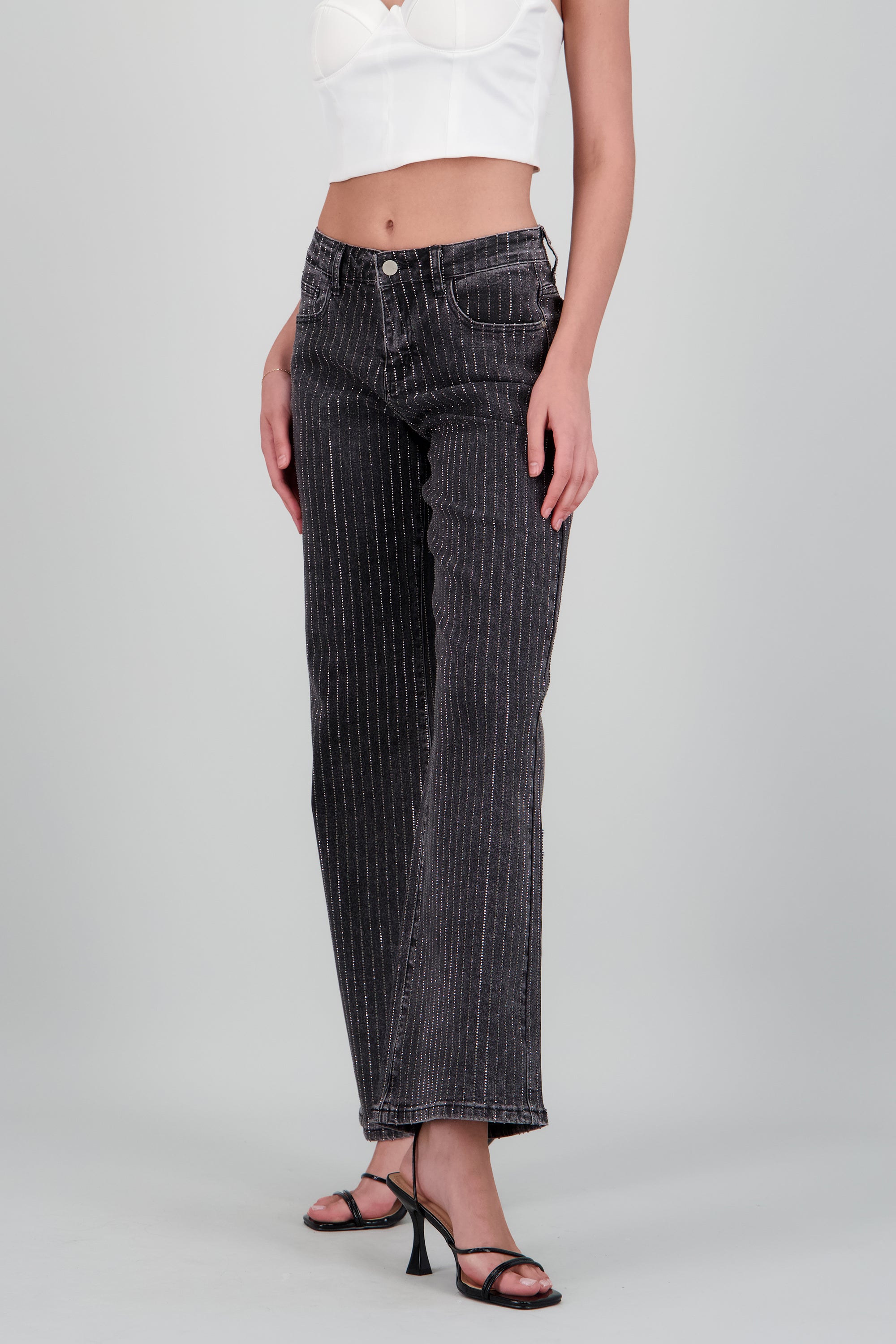 Jeans wide leg tiras brillos NEGRO COMBO
