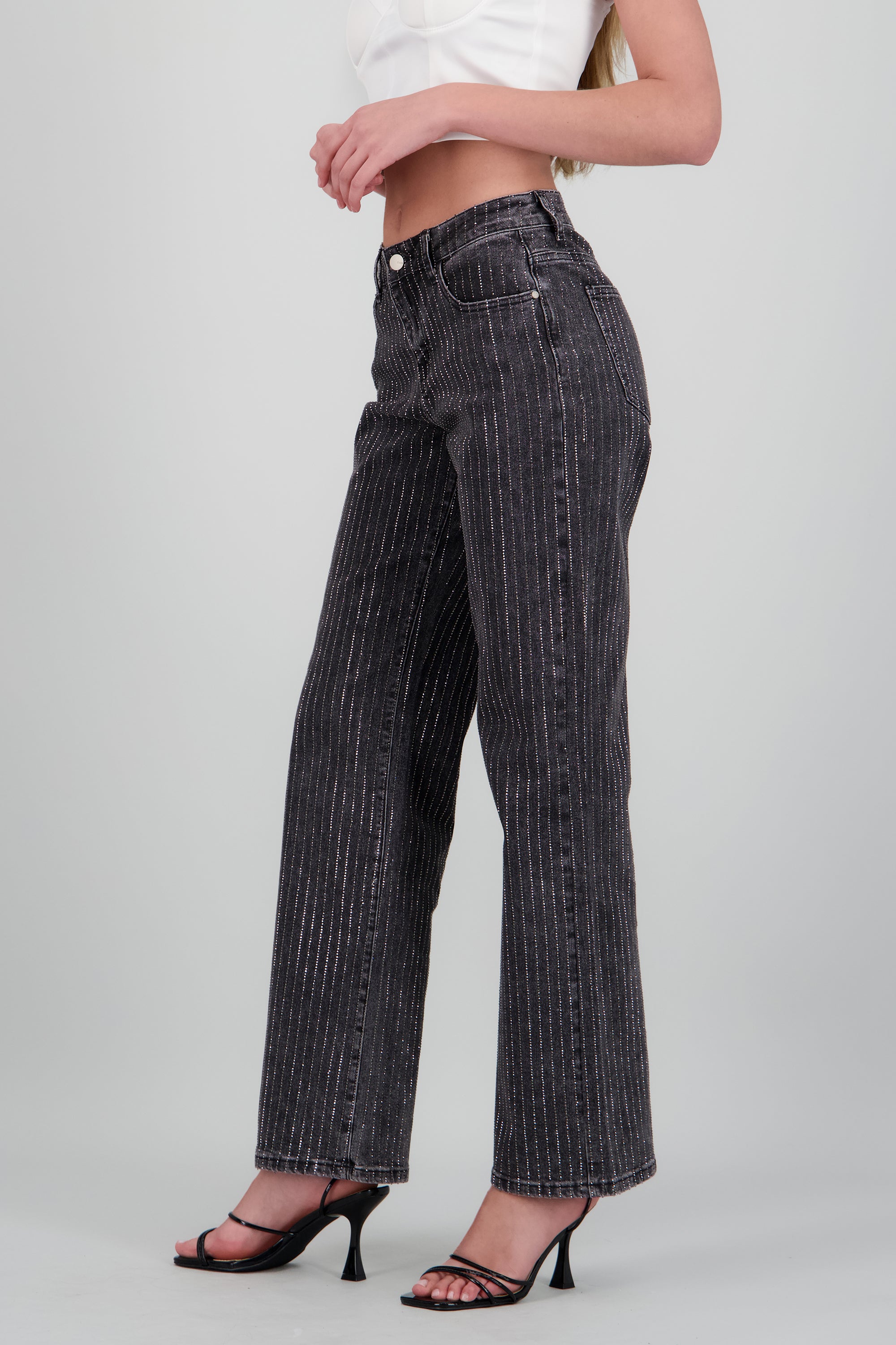 Jeans wide leg tiras brillos NEGRO COMBO