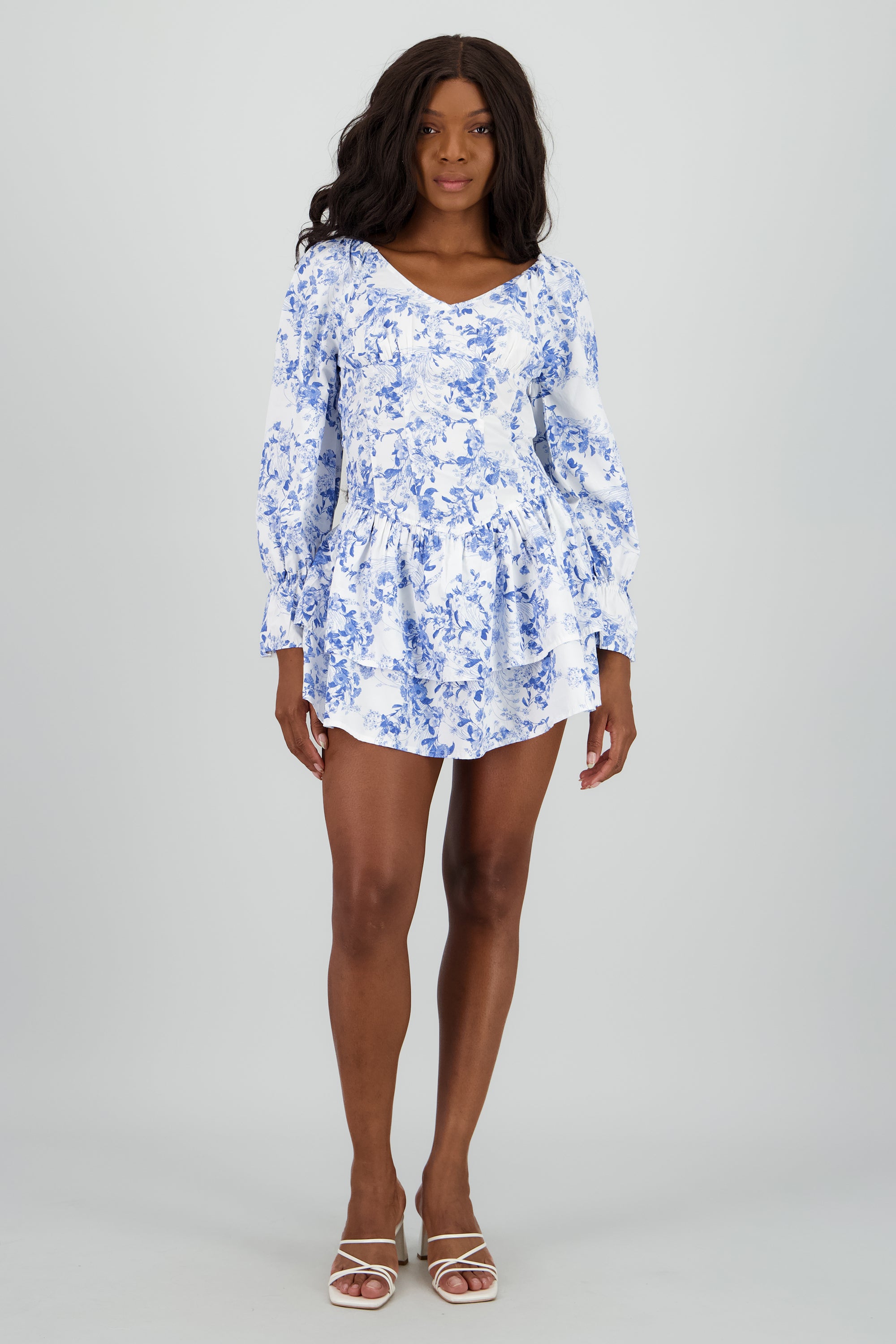 Vestido manga larga olanes estampado AZUL COMBO