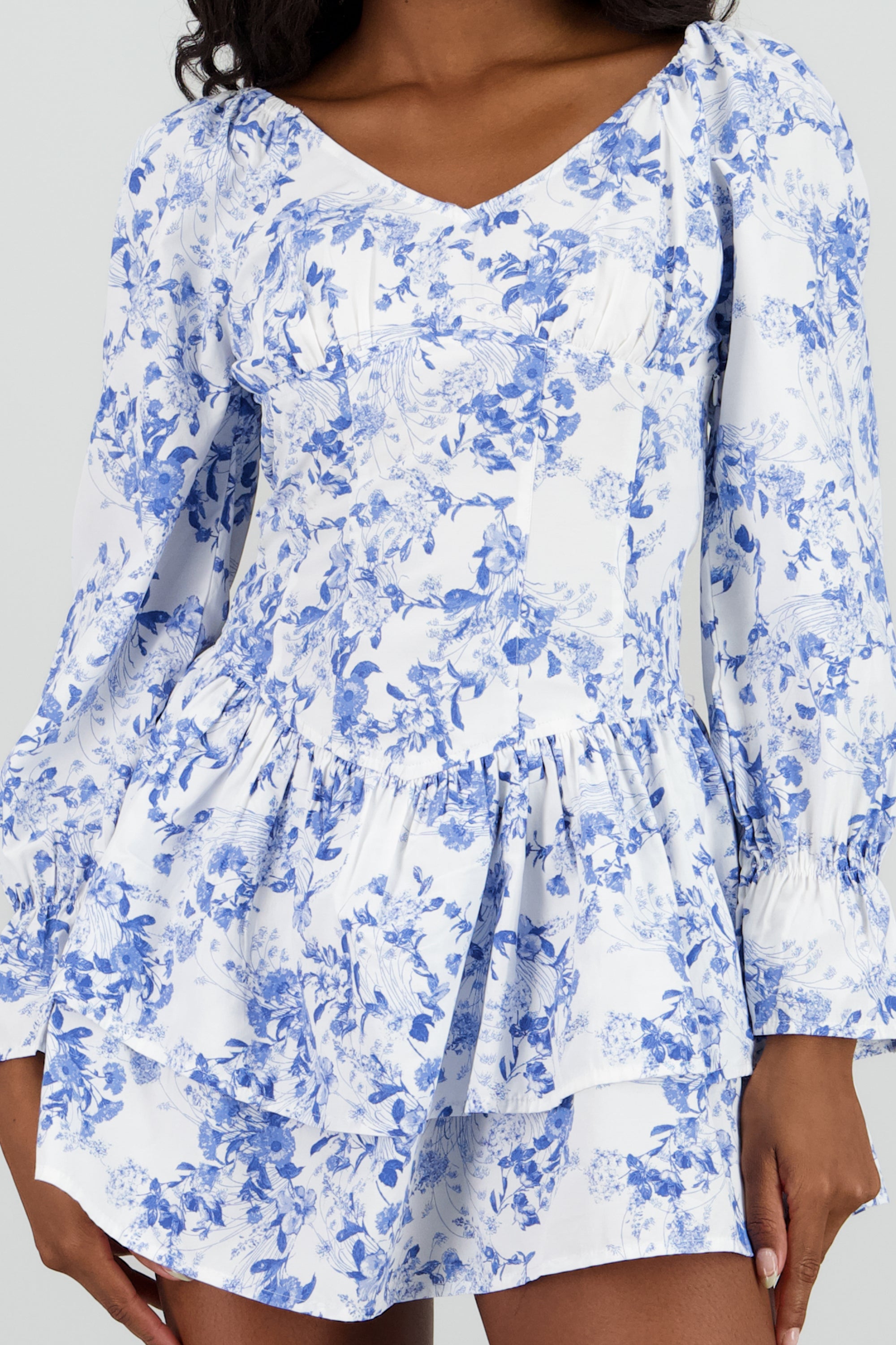 Vestido manga larga olanes estampado AZUL COMBO