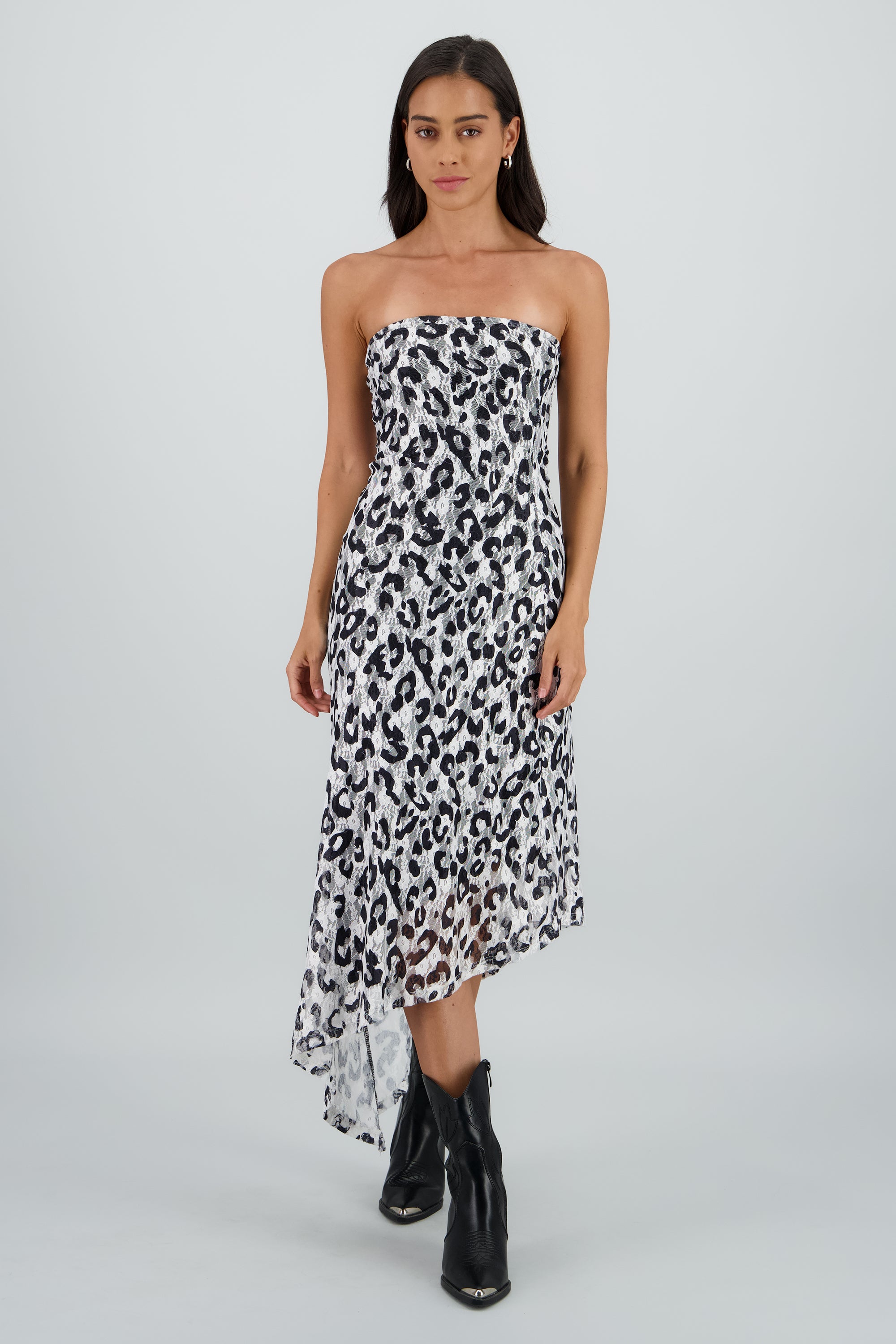 Vestido midi strapless detalle encaje NEGRO COMBO