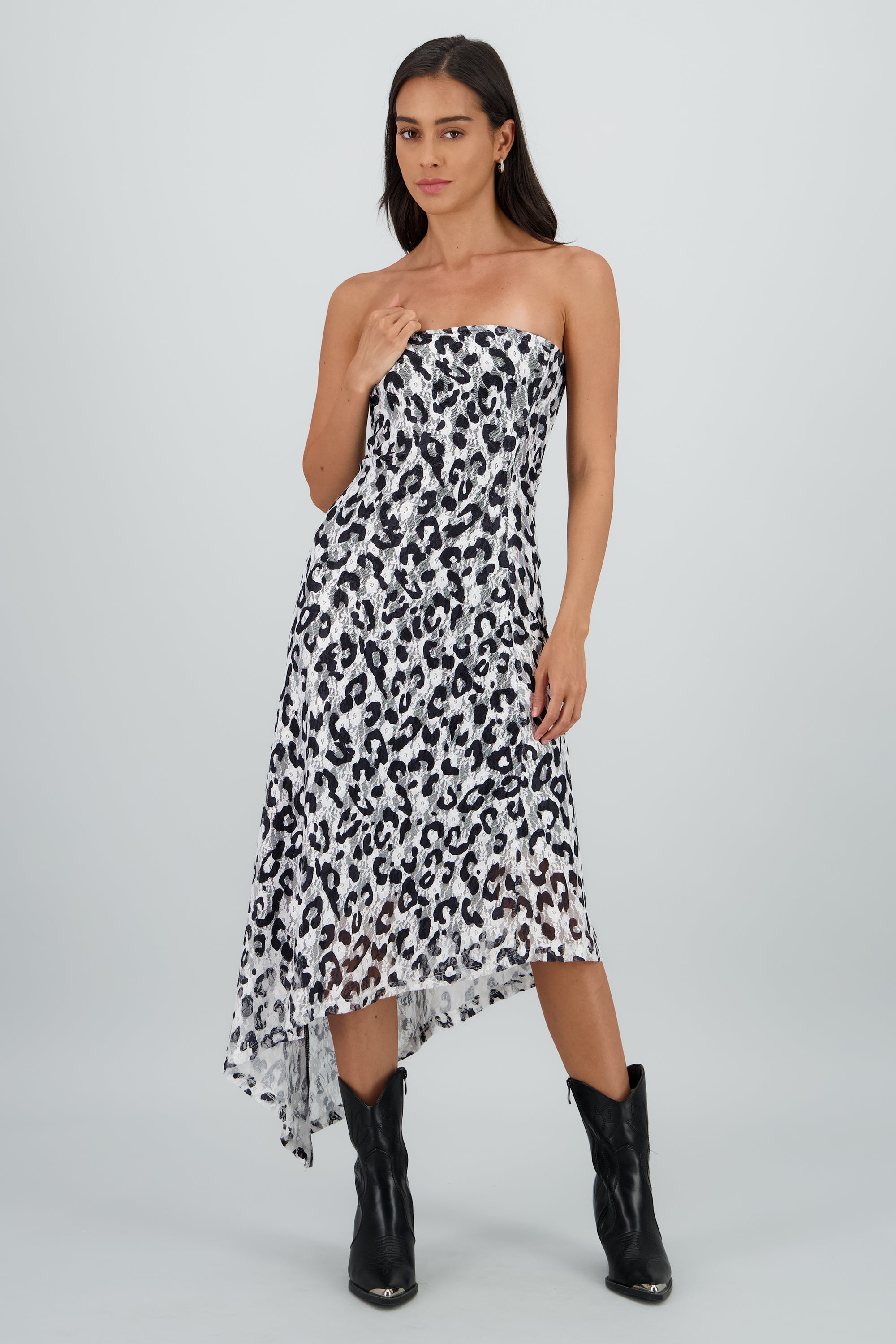 Vestido midi strapless detalle encaje NEGRO COMBO