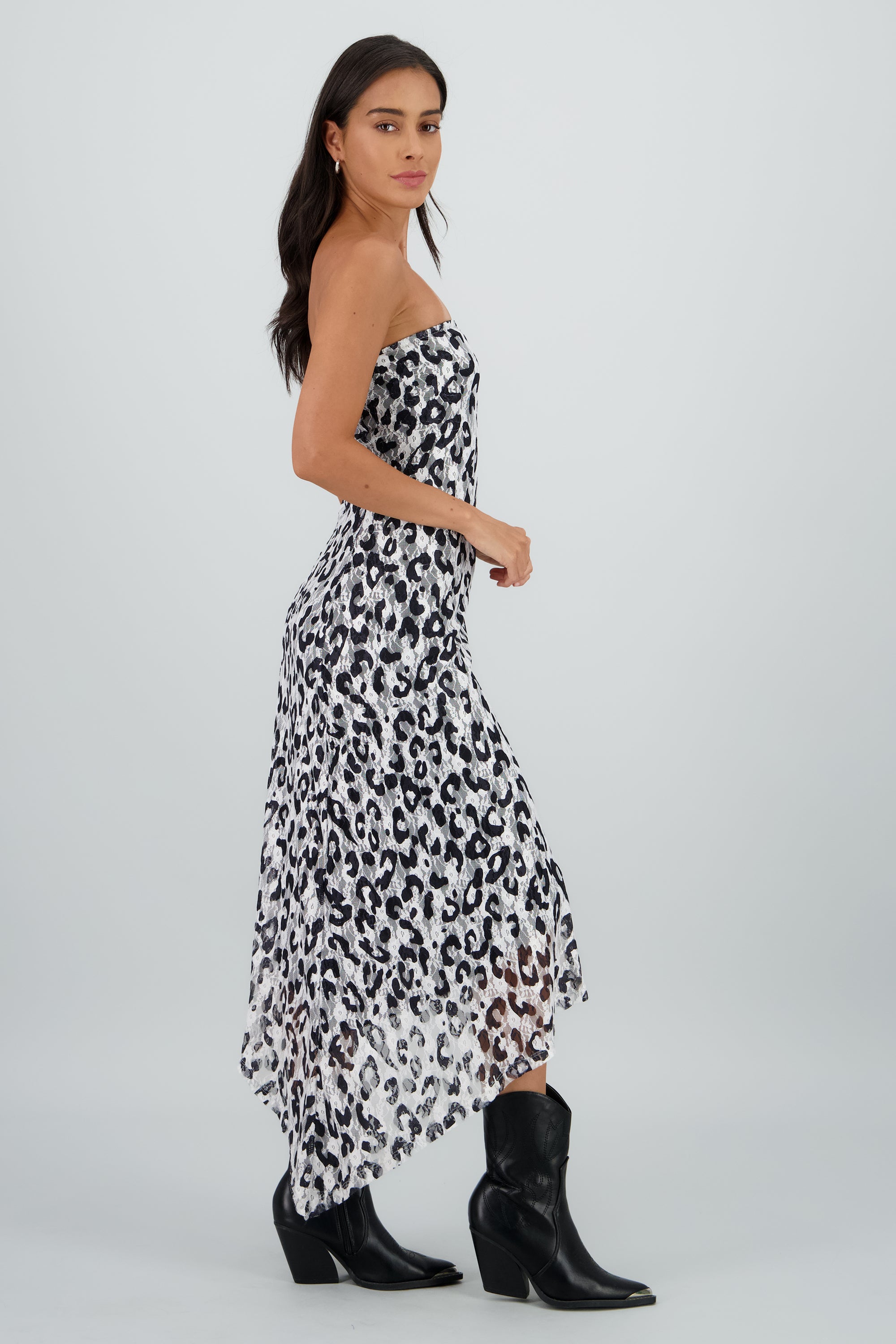 Vestido midi strapless detalle encaje NEGRO COMBO