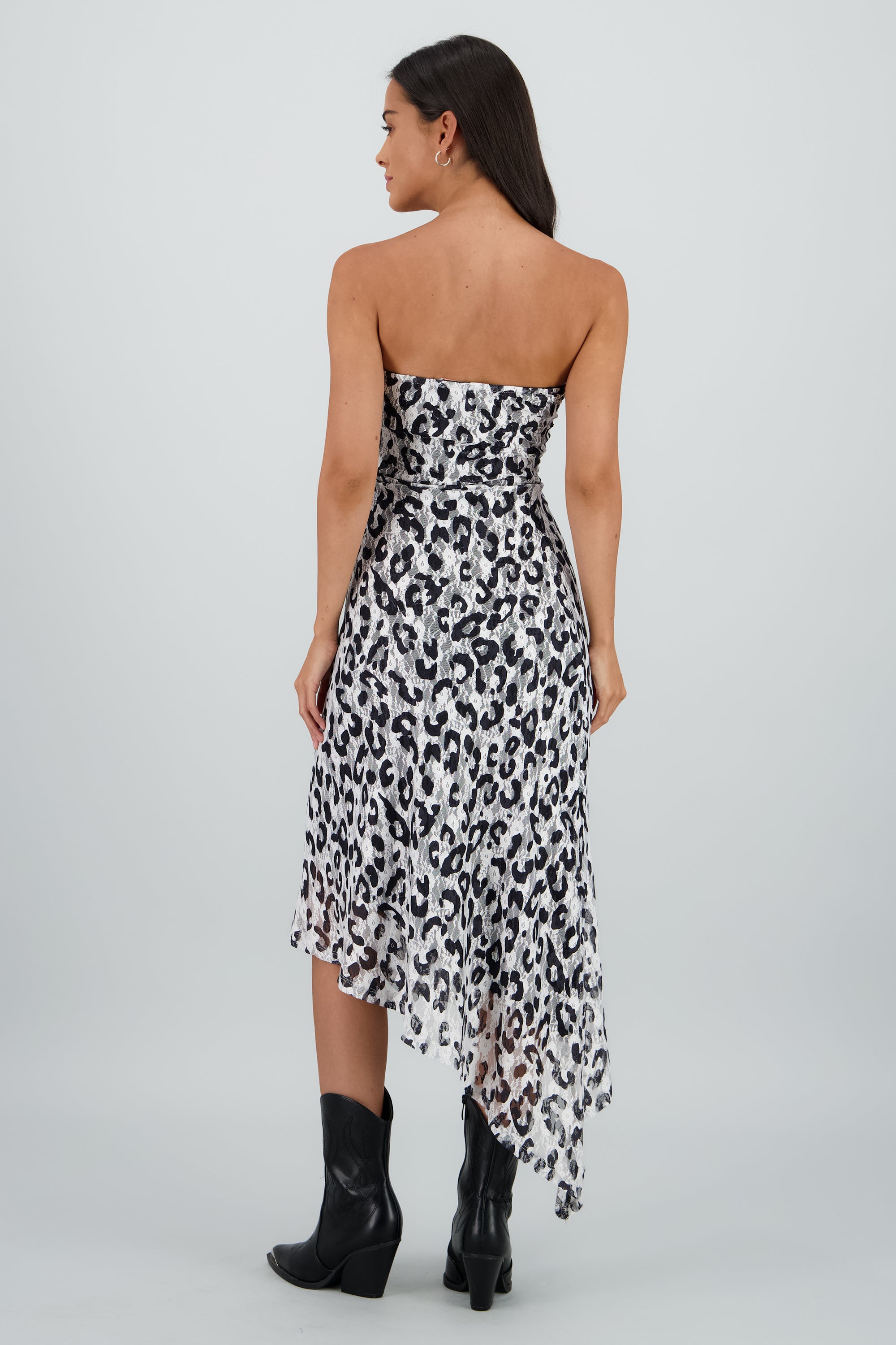 Vestido midi strapless detalle encaje NEGRO COMBO