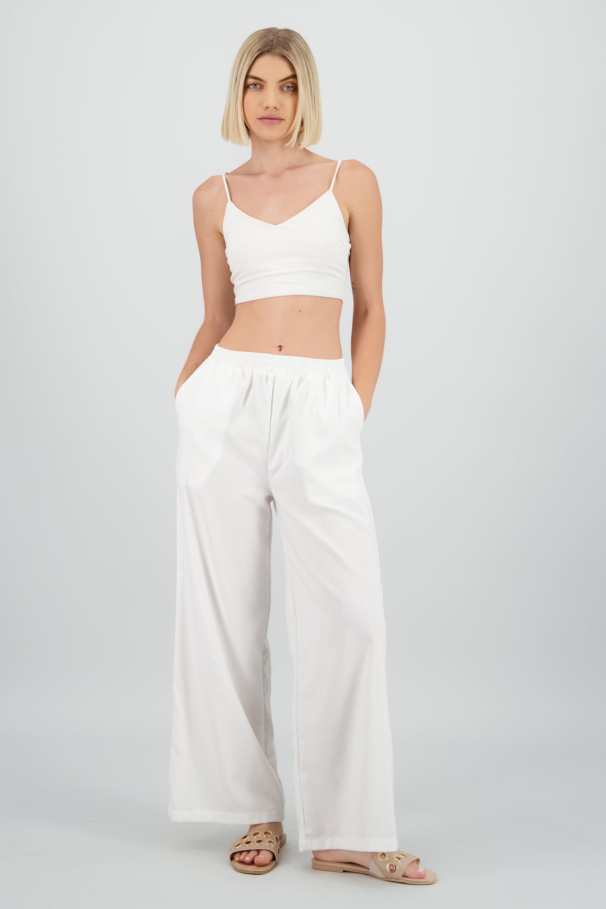 Pantalon amplio lino detalle resorte BLANCO
