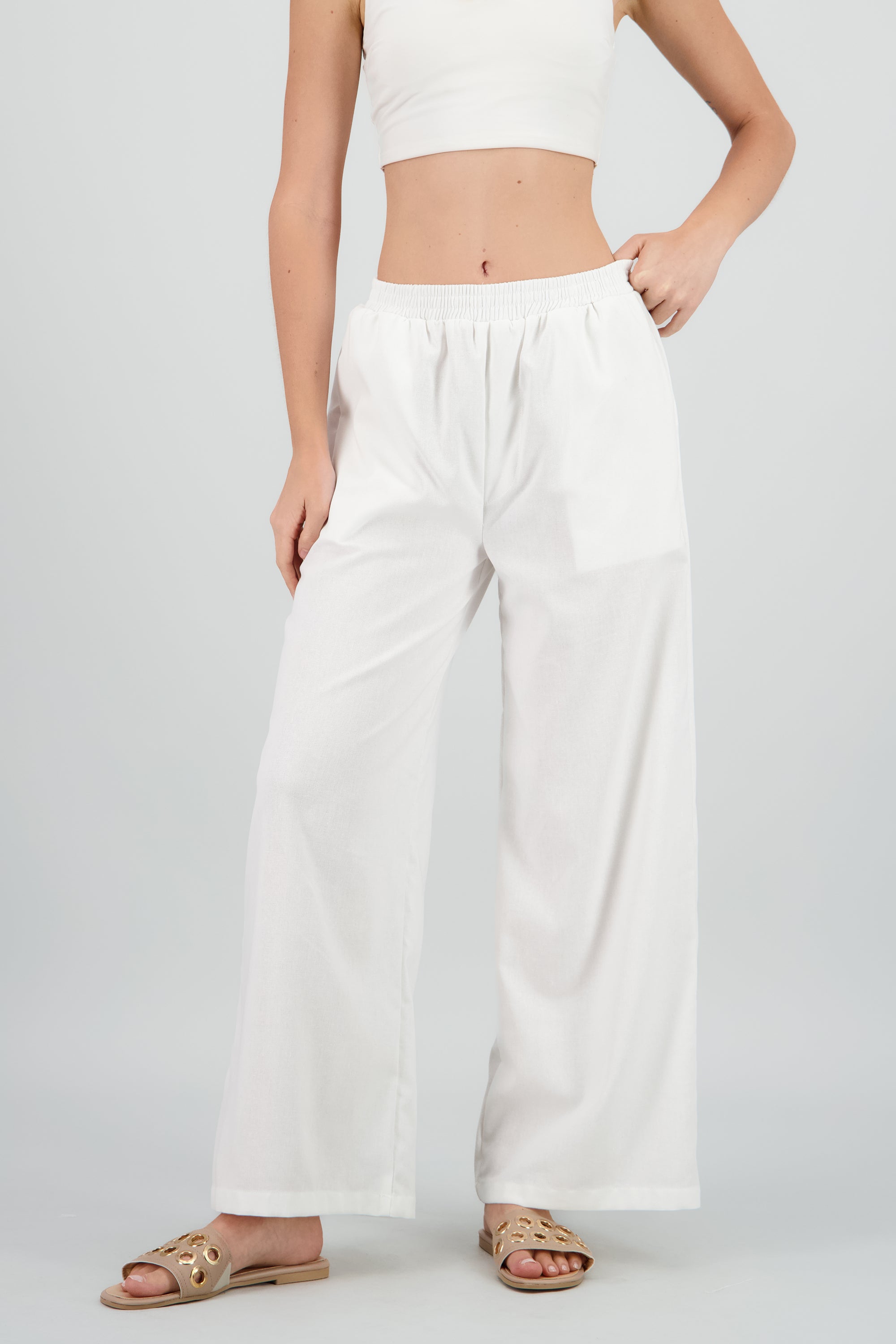 Pantalon amplio lino detalle resorte BLANCO