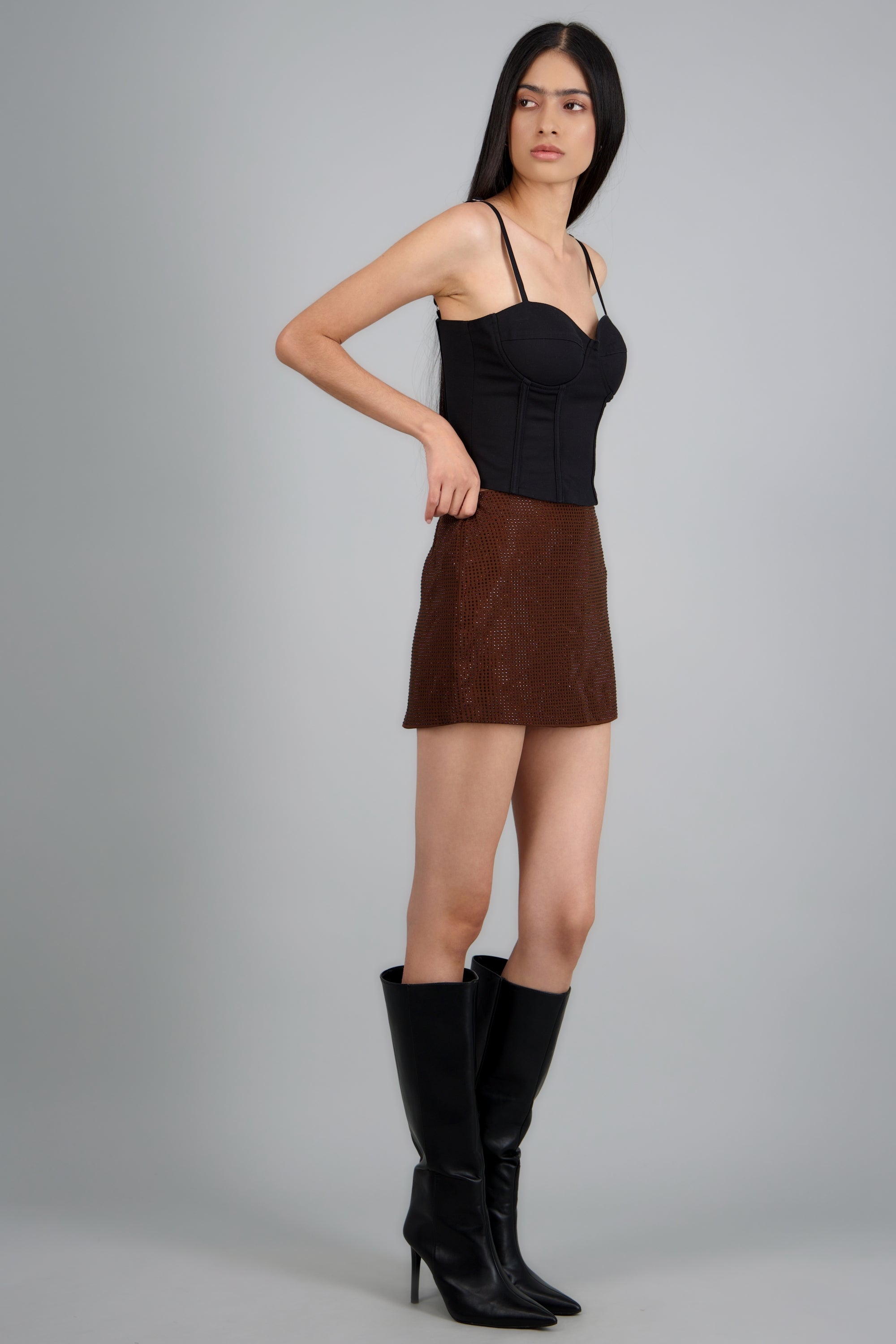 Falda mini brillos CHOCOLATE