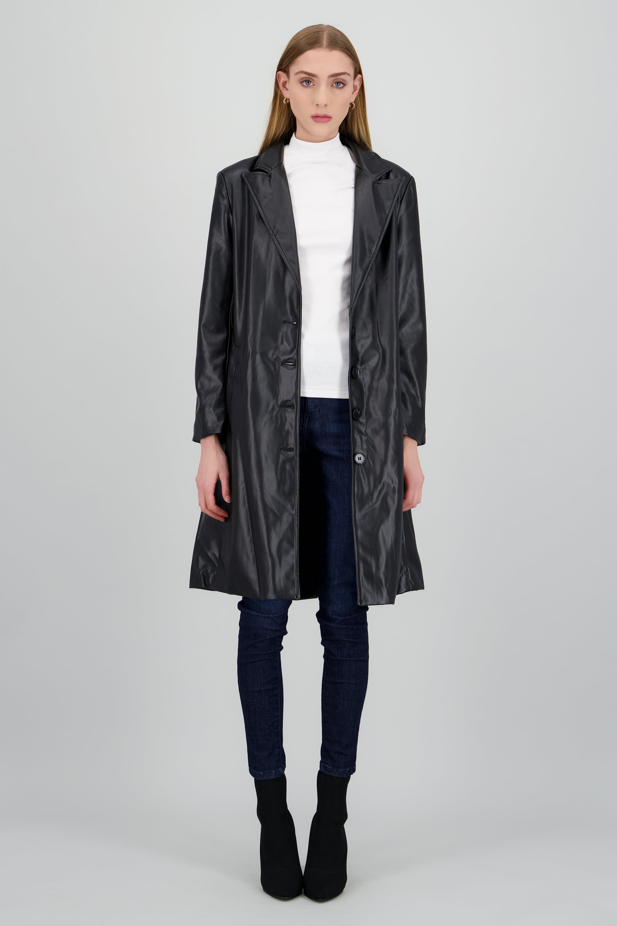 Gabardina larga PU con botones y cinturón NEGRO