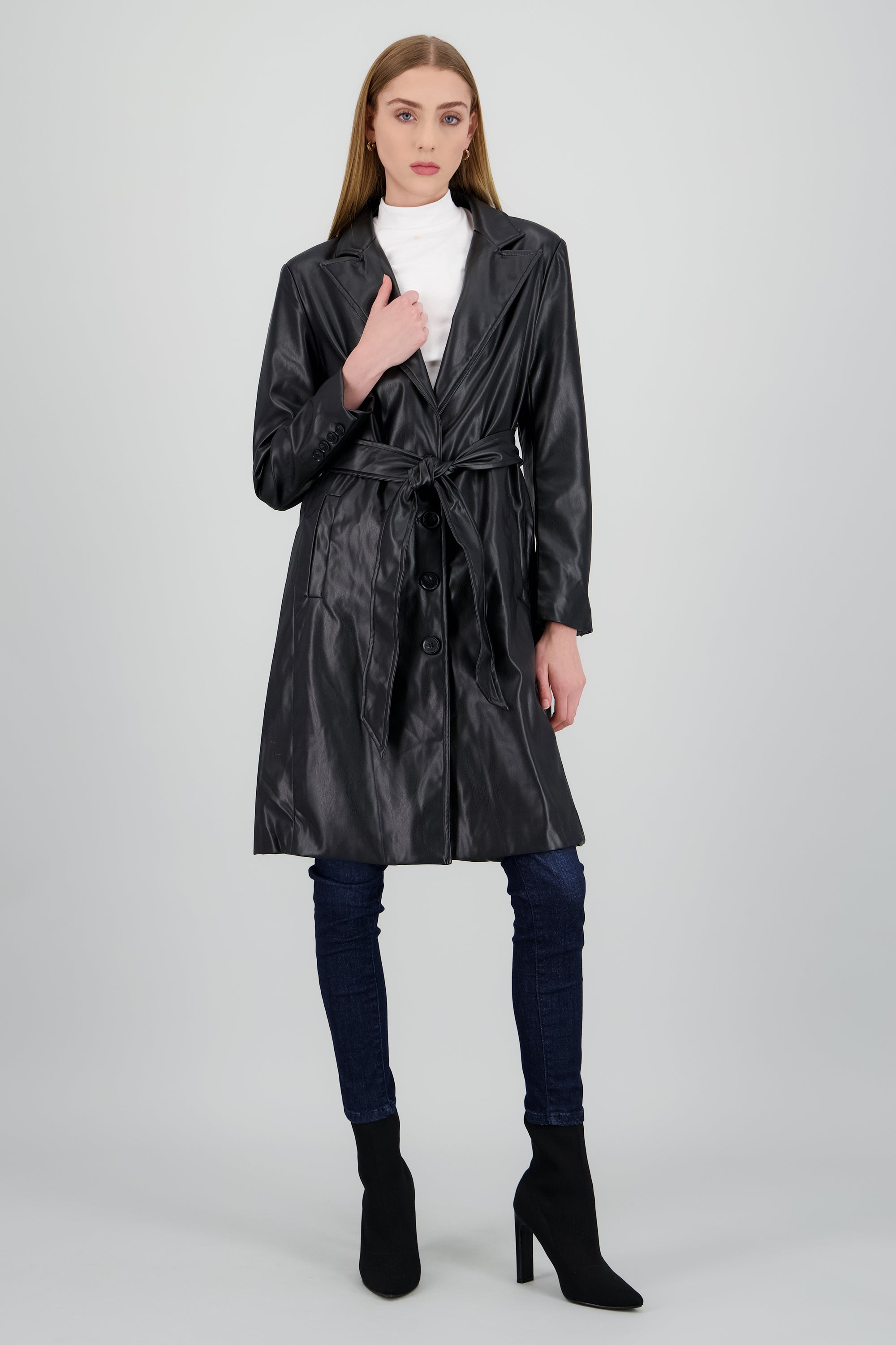 Gabardina larga PU con botones y cinturón NEGRO