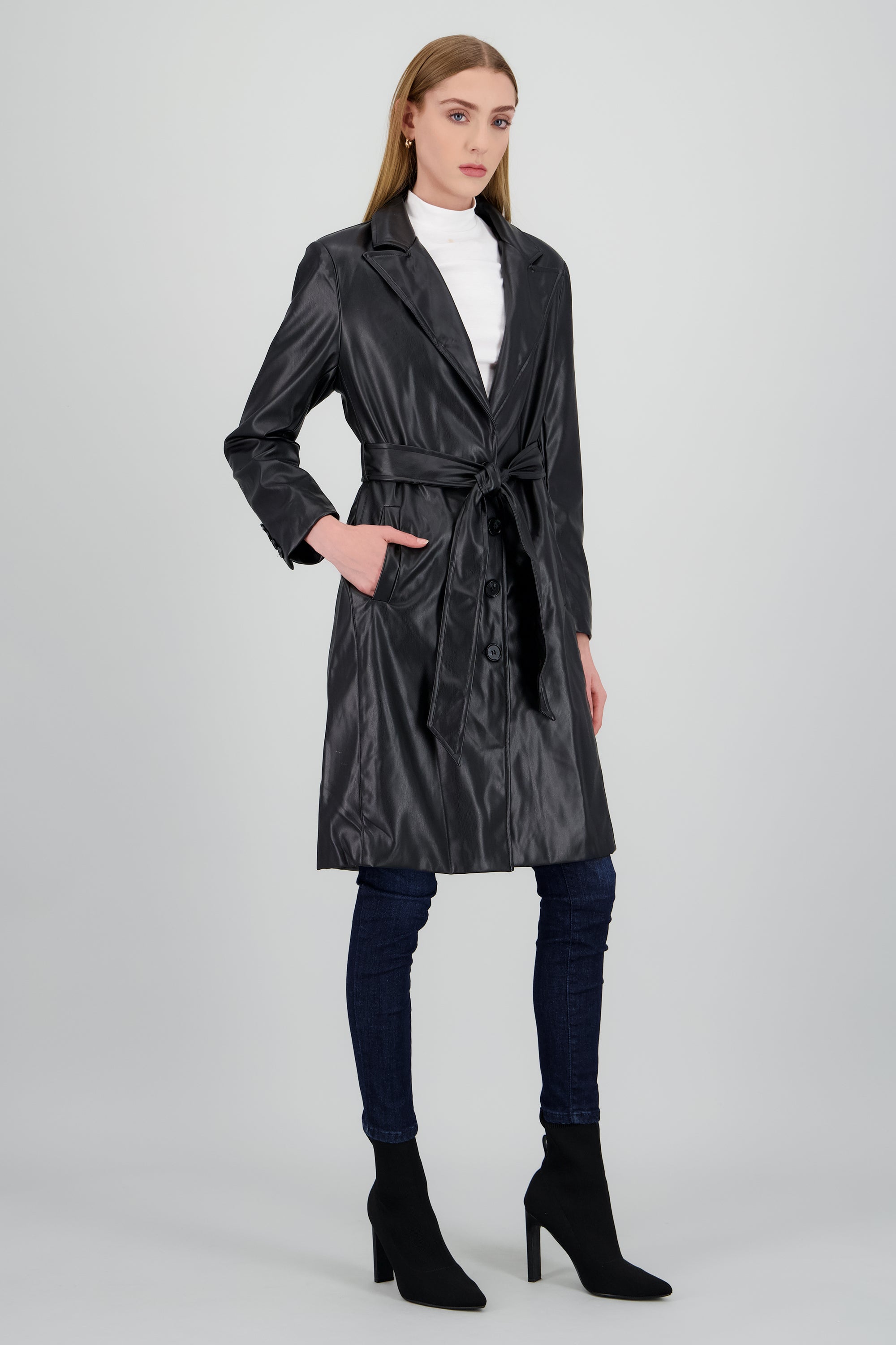 Gabardina larga PU con botones y cinturón NEGRO