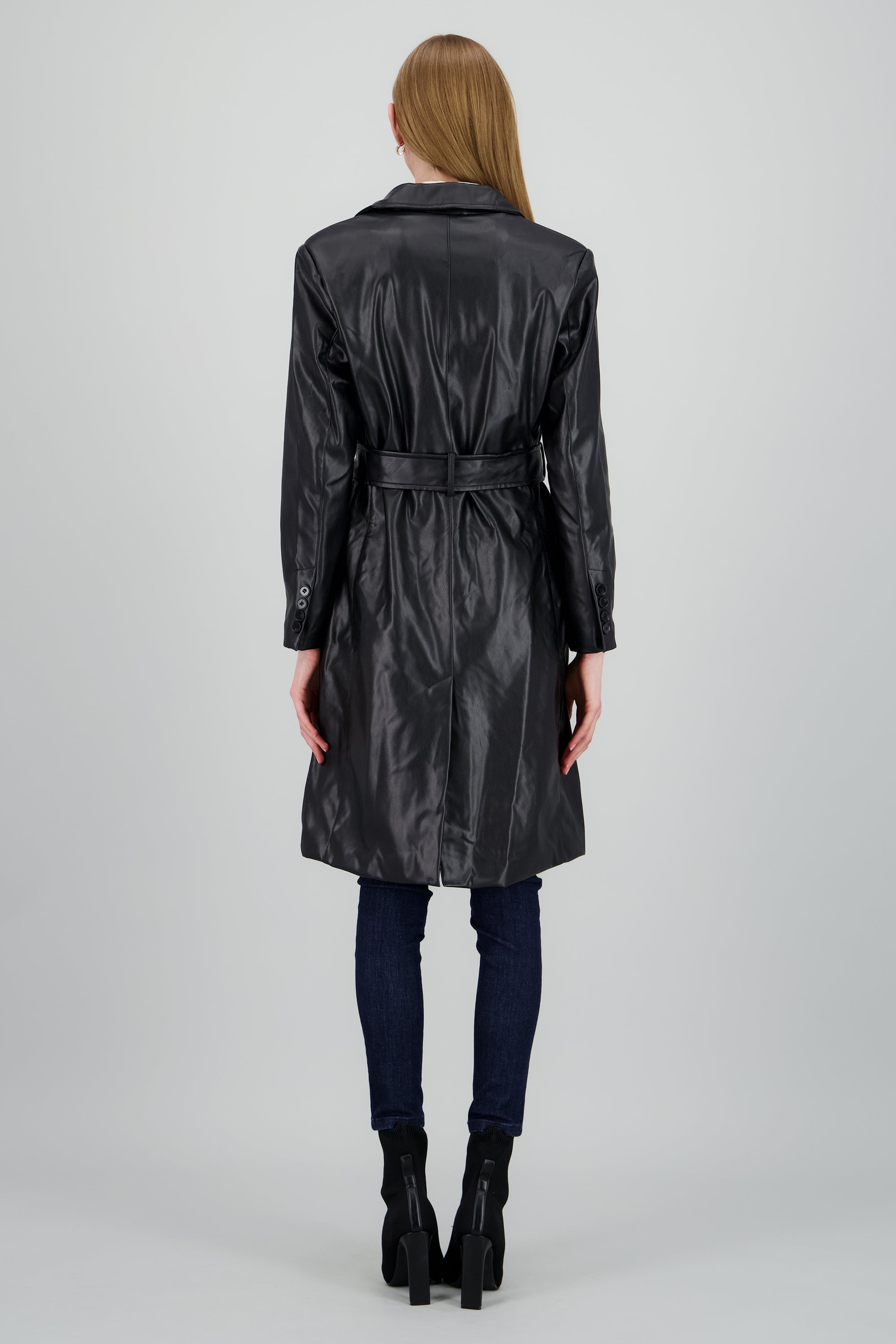 Gabardina larga PU con botones y cinturón NEGRO