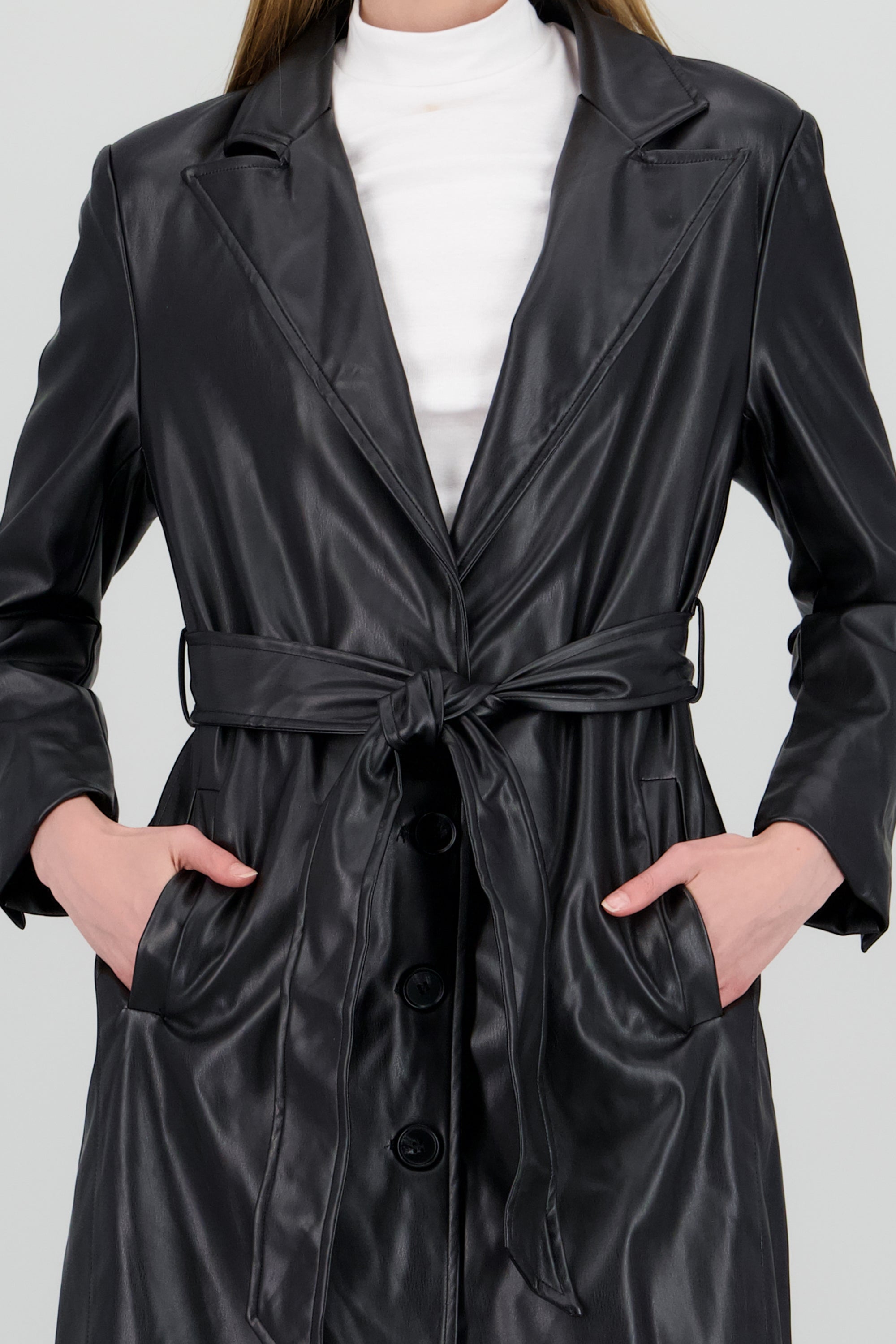 Gabardina larga PU con botones y cinturón NEGRO