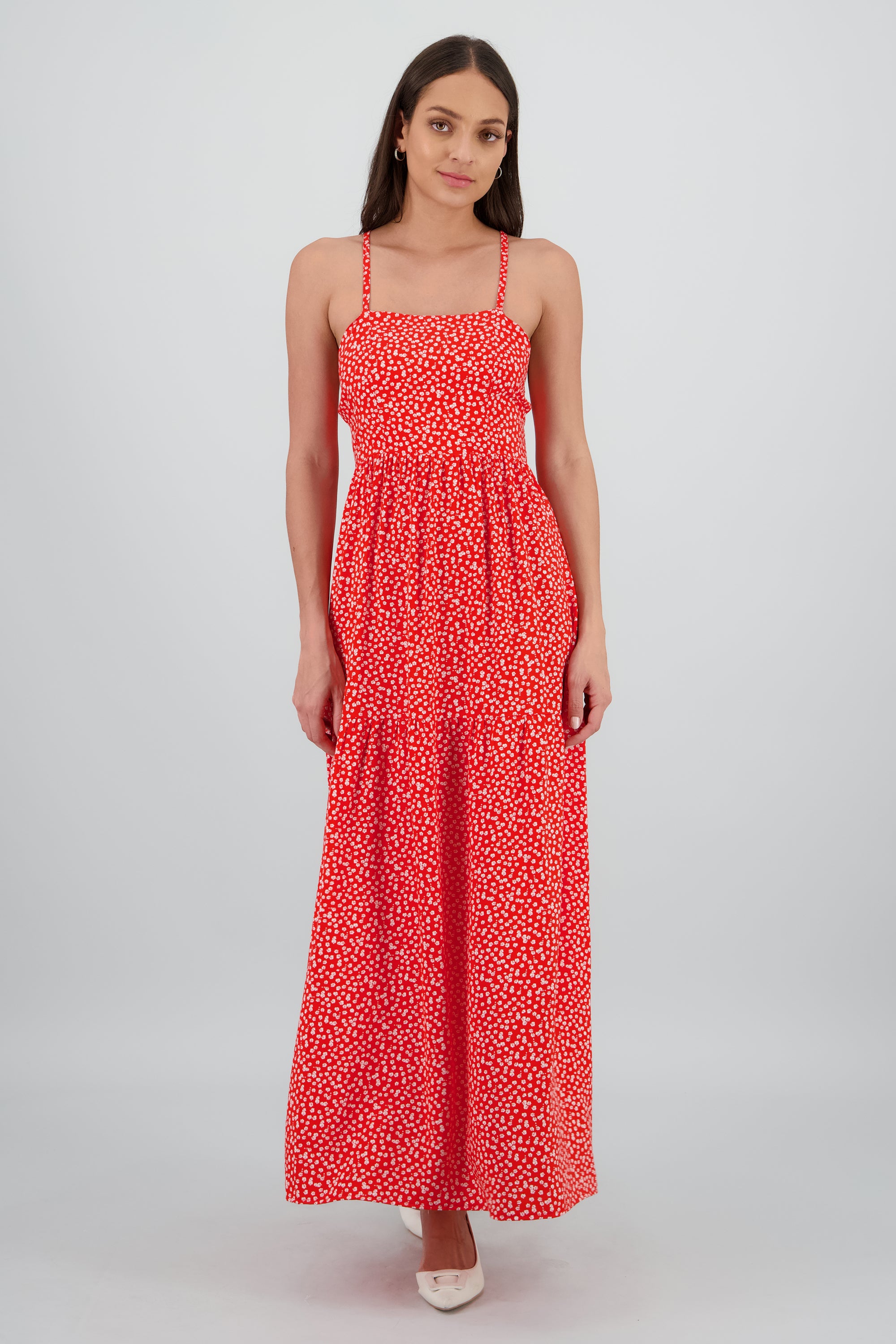 Vestido maxi flores cruce espalda ROJO COMBO