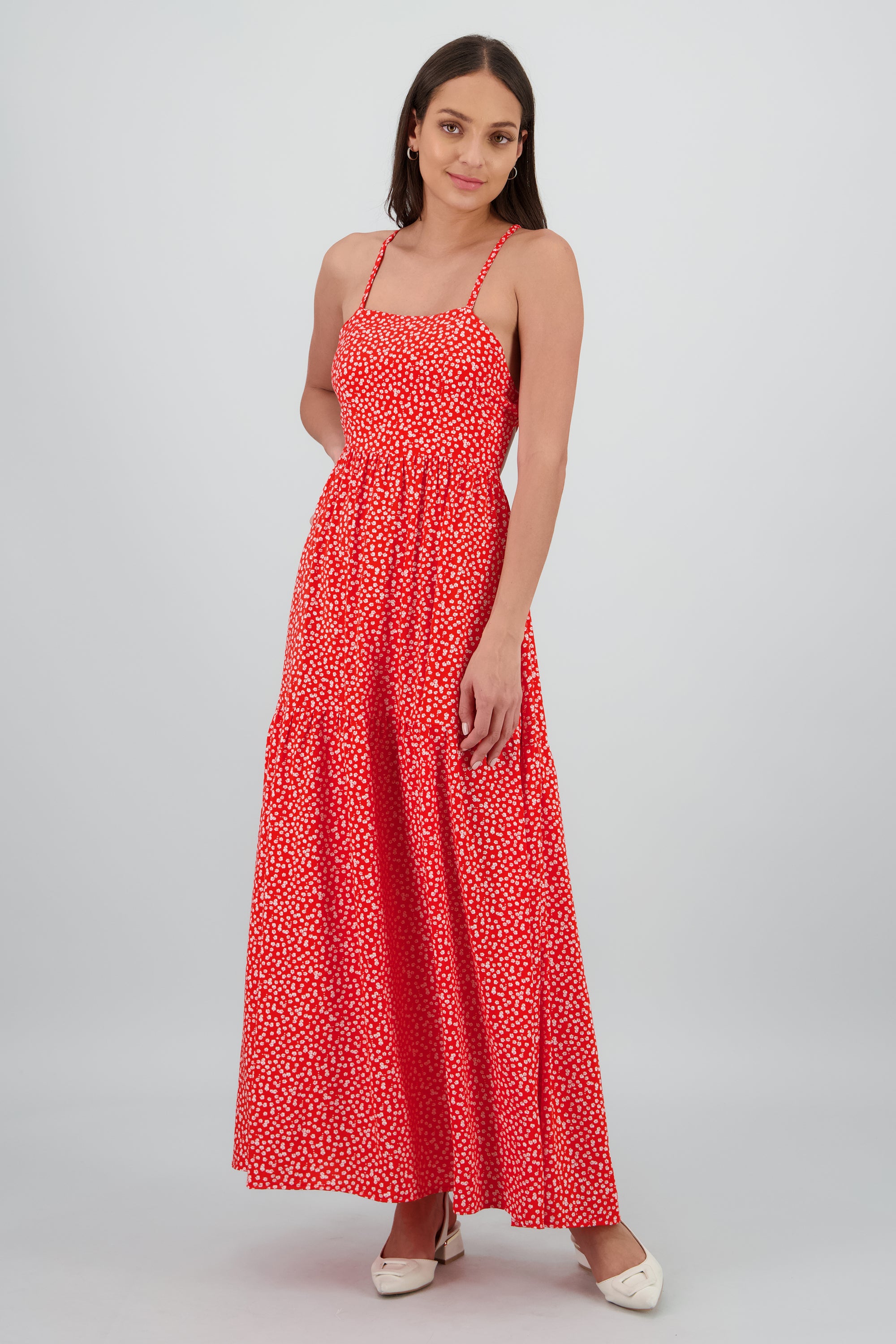 Vestido maxi flores cruce espalda ROJO COMBO