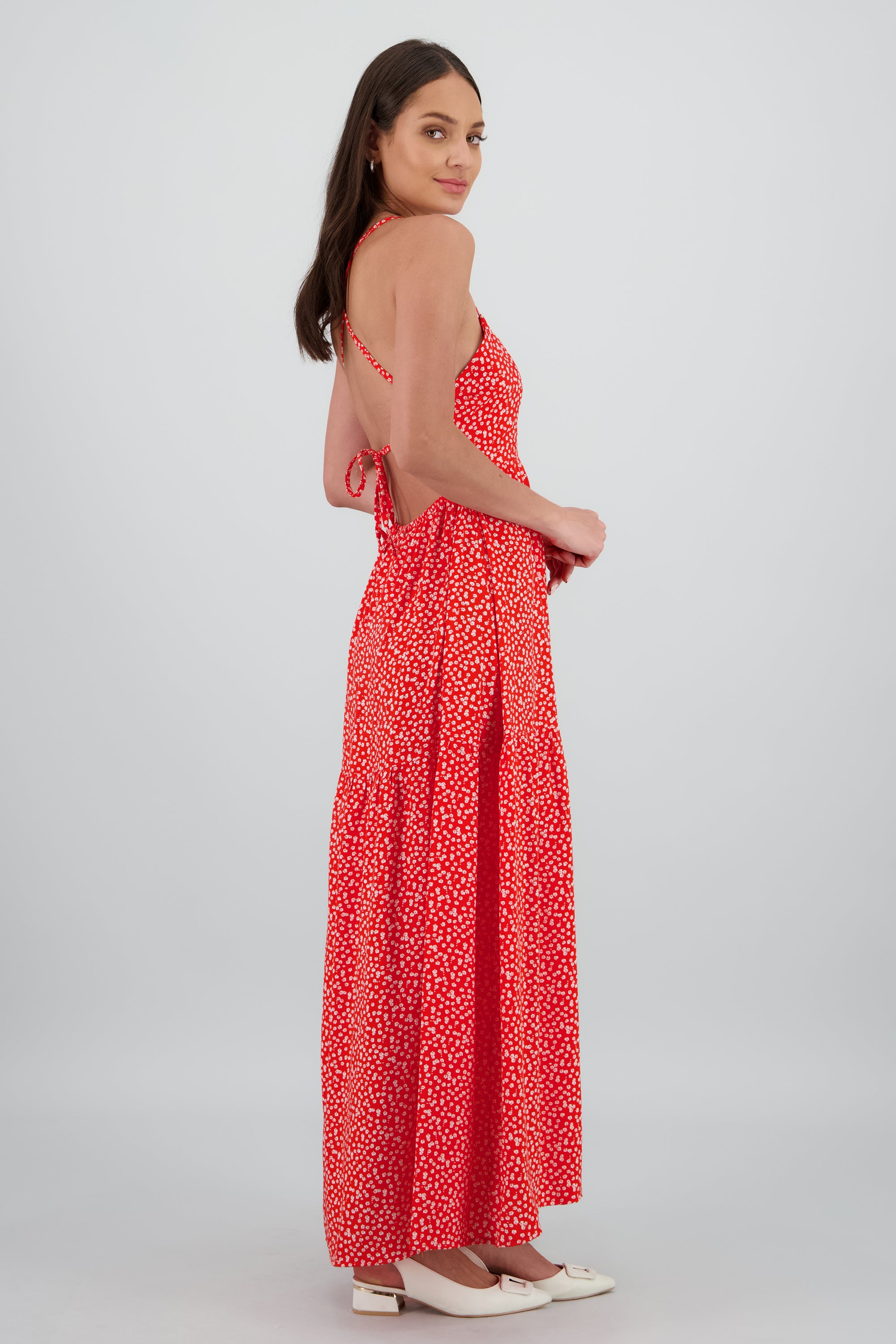 Vestido maxi flores cruce espalda ROJO COMBO