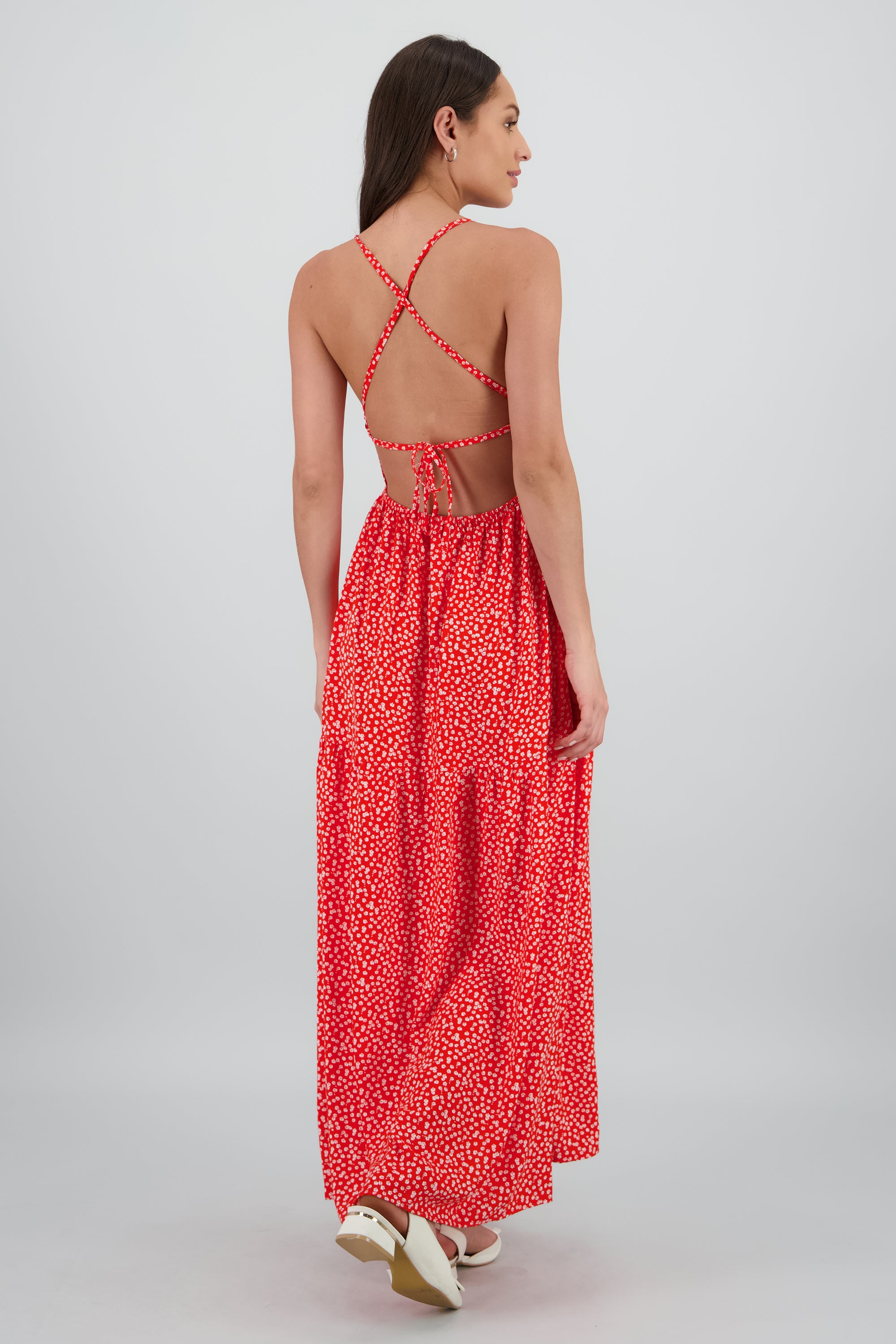 Vestido maxi flores cruce espalda ROJO COMBO