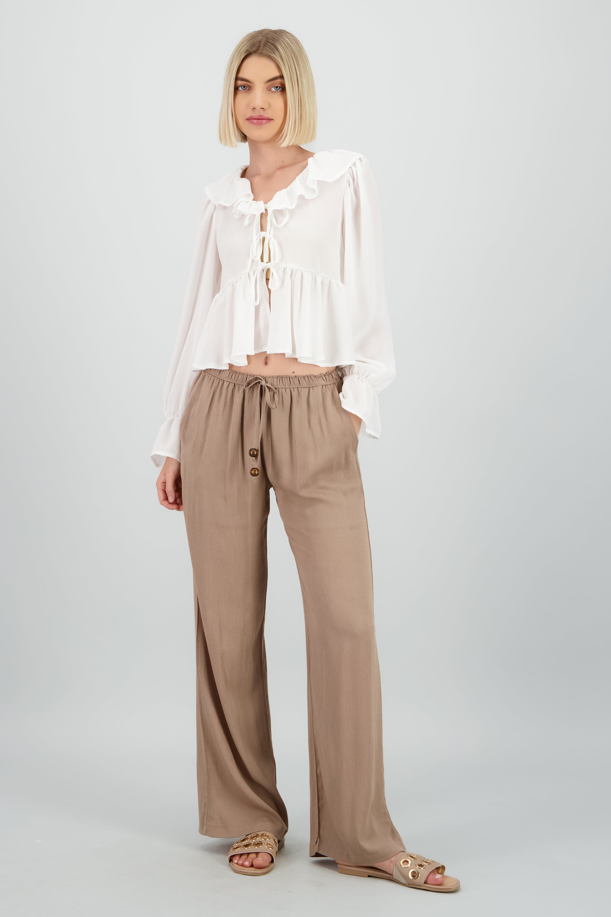 Pantalón fluido con cordones CAFE
