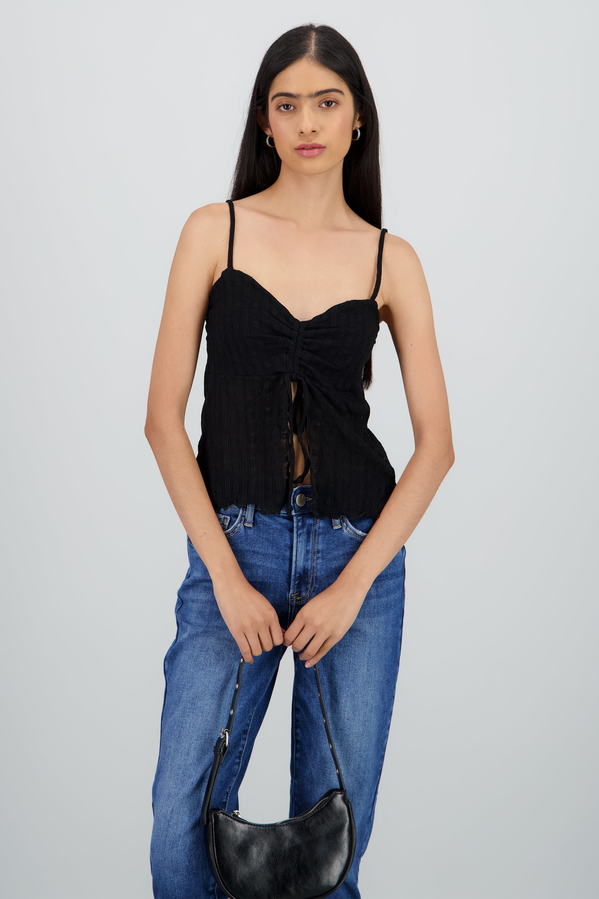 Blusa tirantes encaje detalle fruncido NEGRO