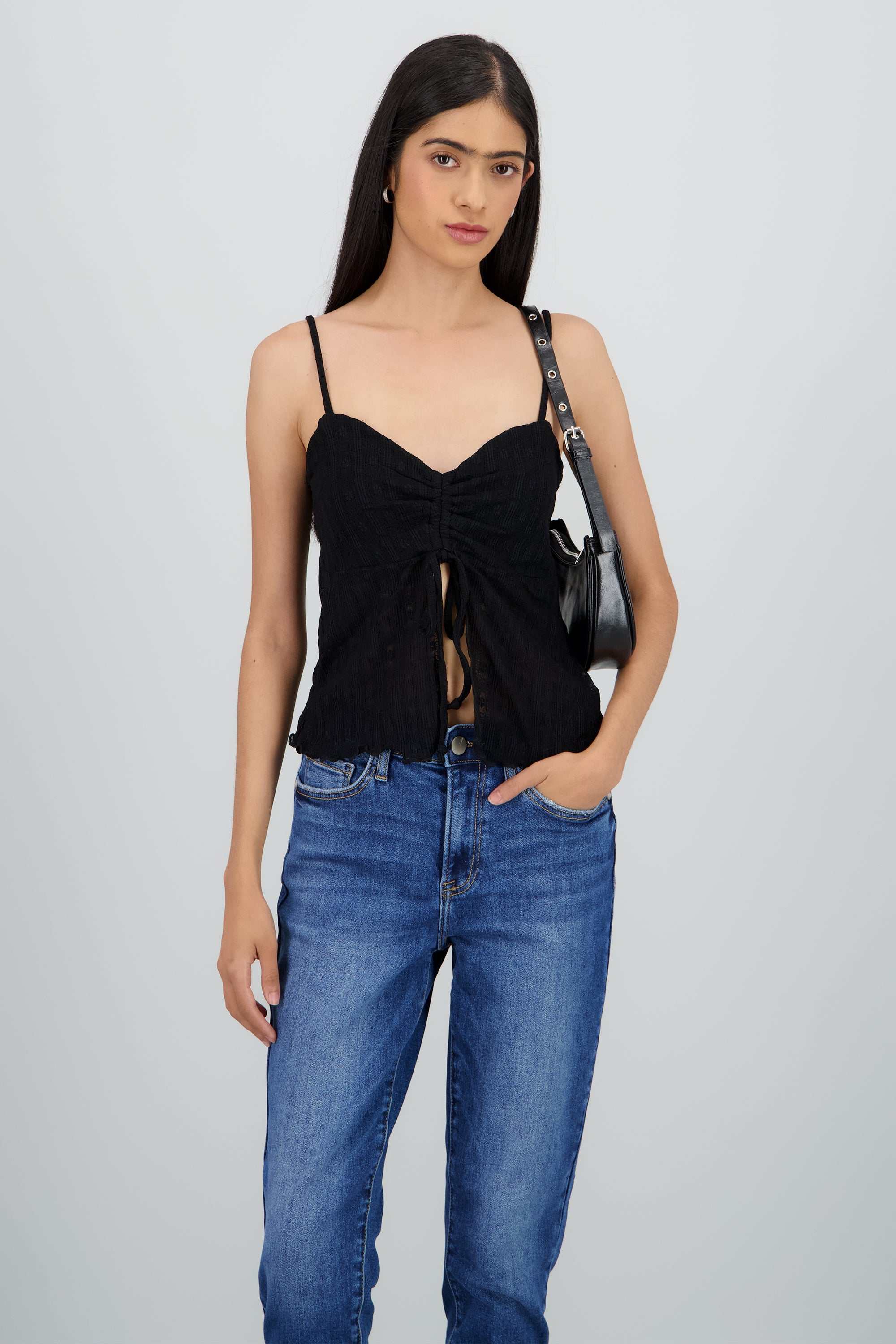 Blusa tirantes encaje detalle fruncido NEGRO