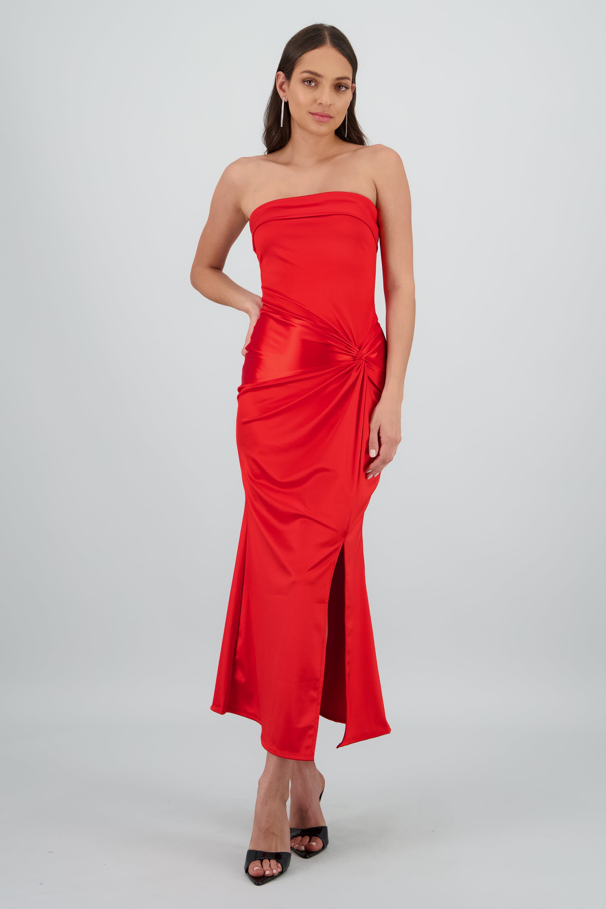 Vestido bandeau satin con nudo ROJO