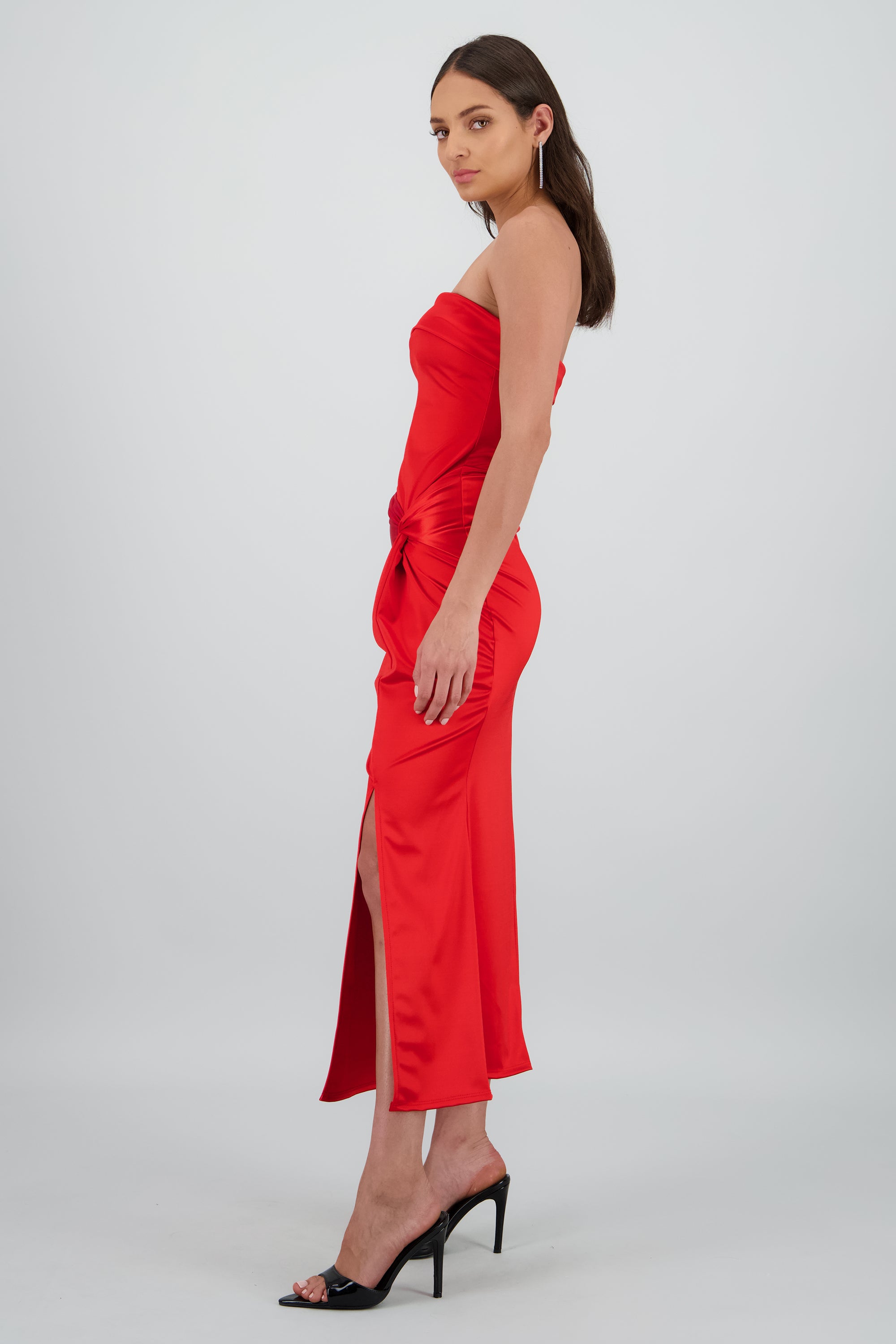 Vestido bandeau satin con nudo ROJO