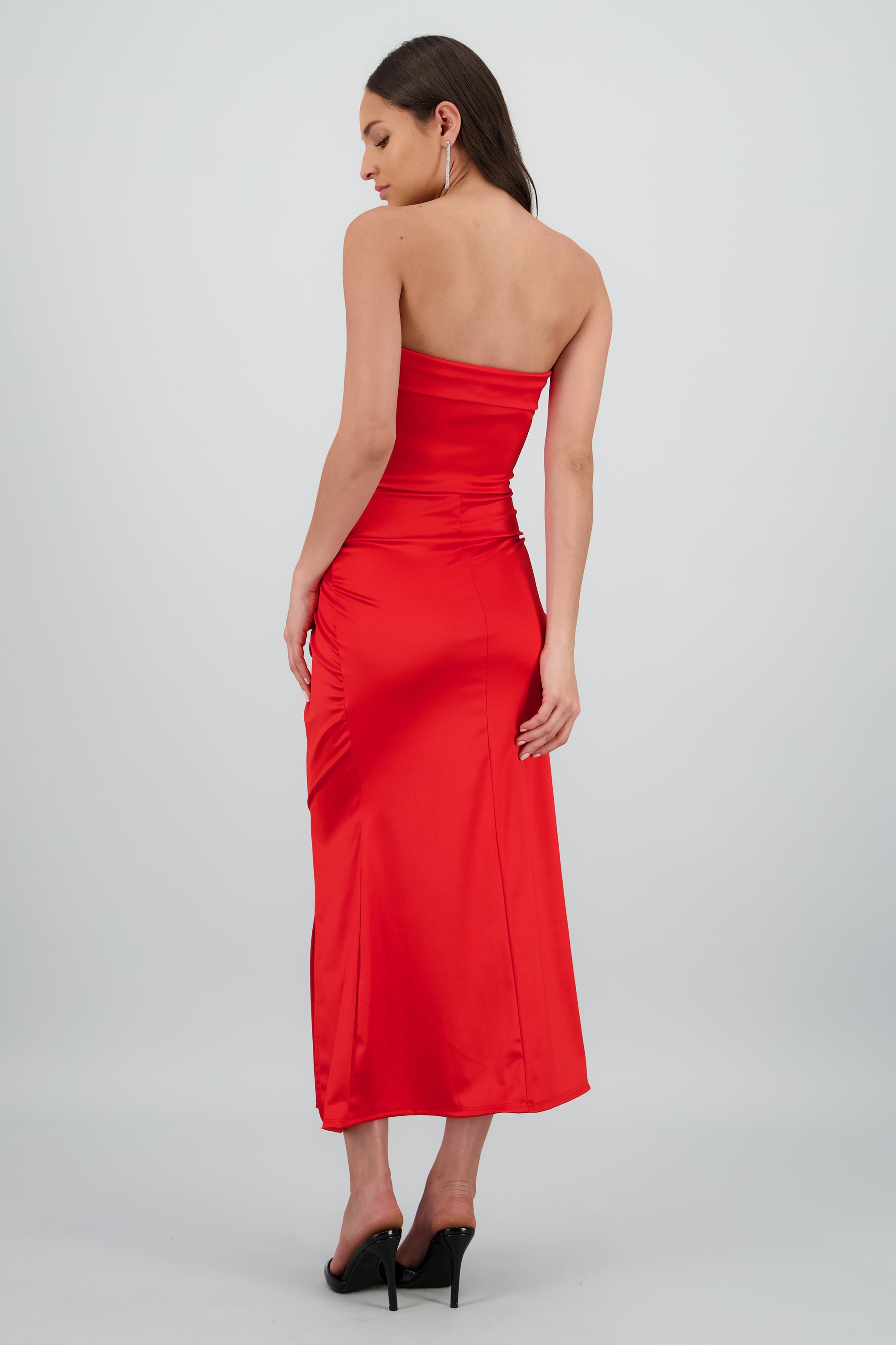 Vestido bandeau satin con nudo ROJO