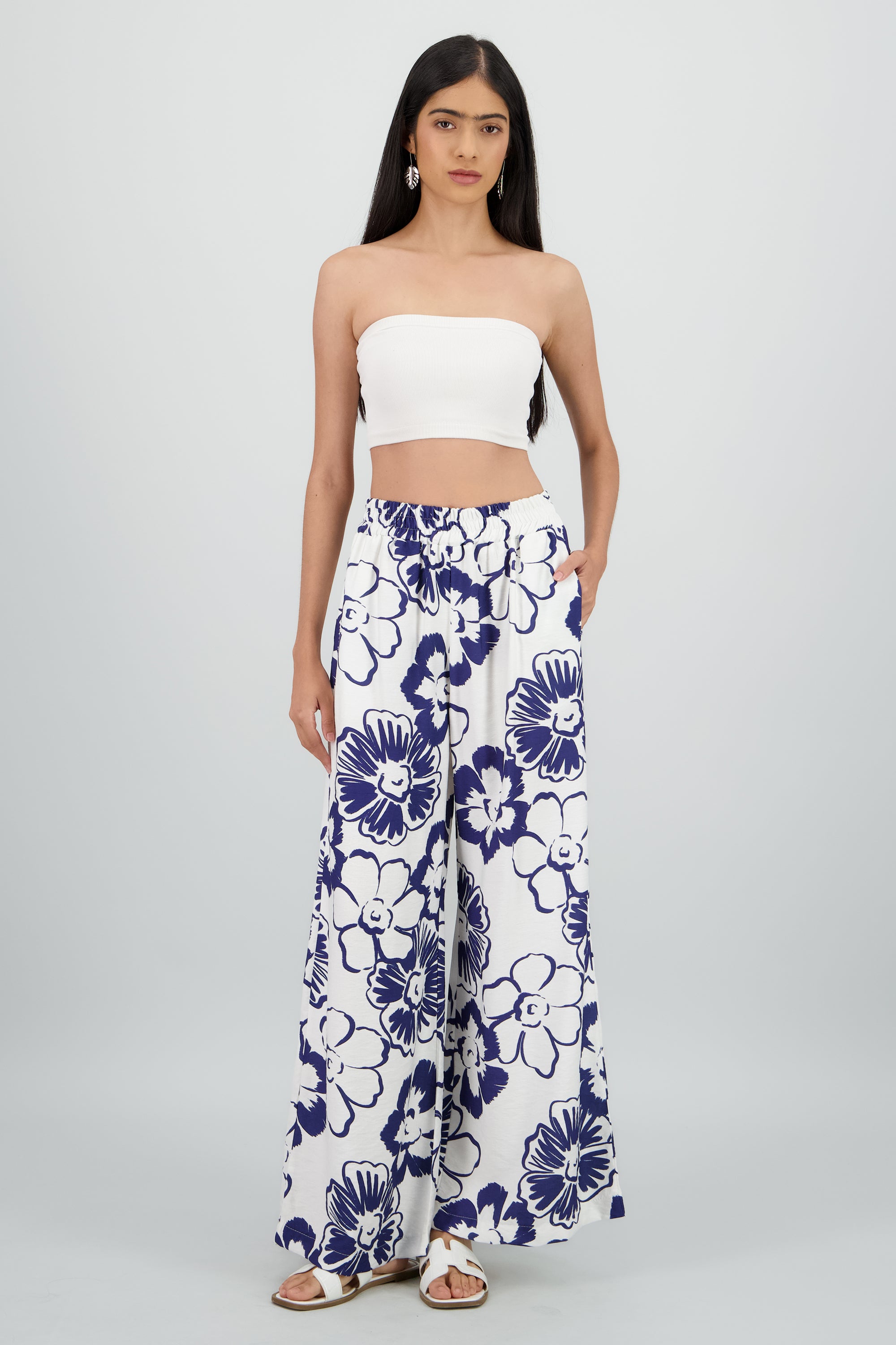 Pantalon amplio resorte estampado BLANCO COMBO