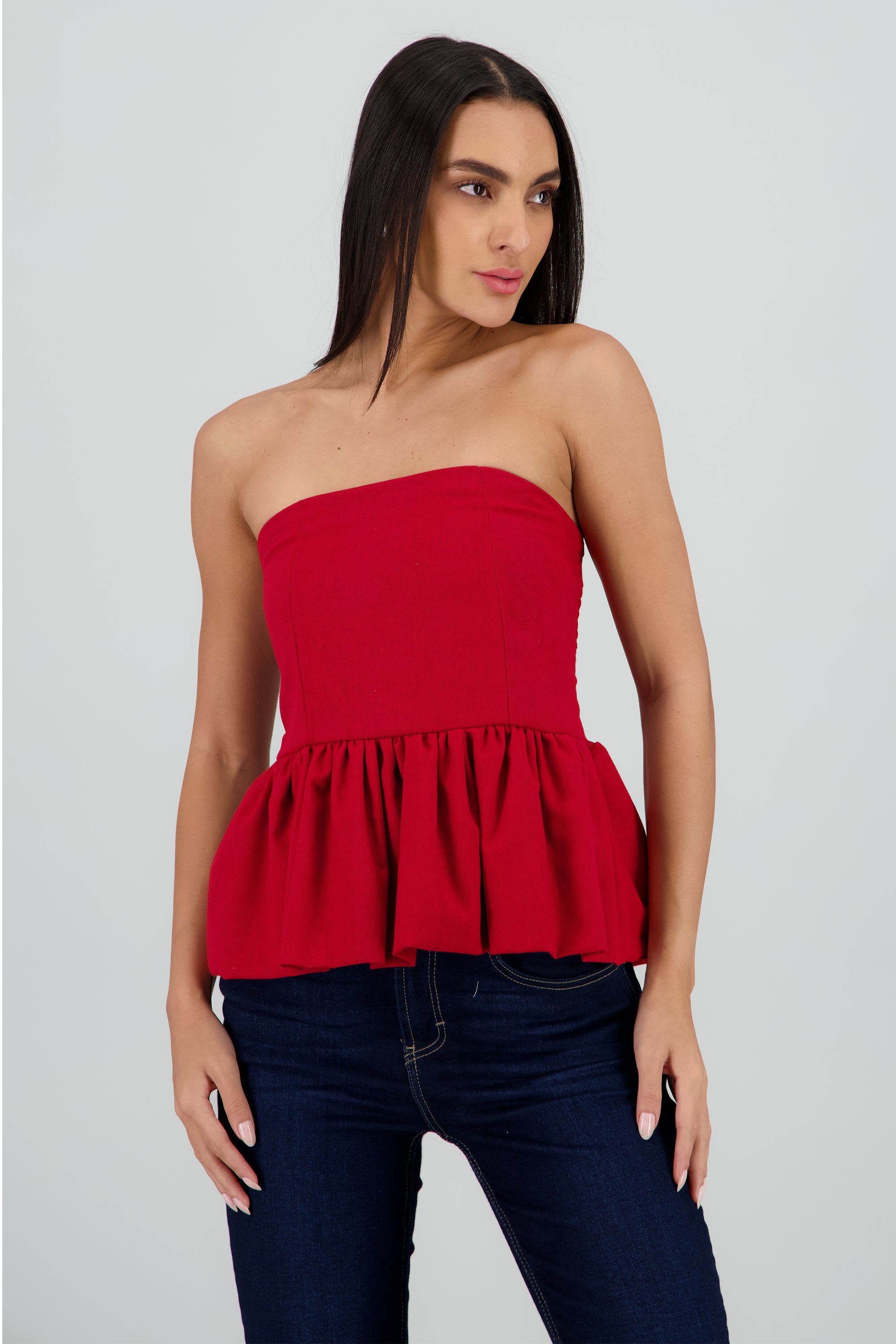 Top strapless durbuja detalle smock CIRUELA