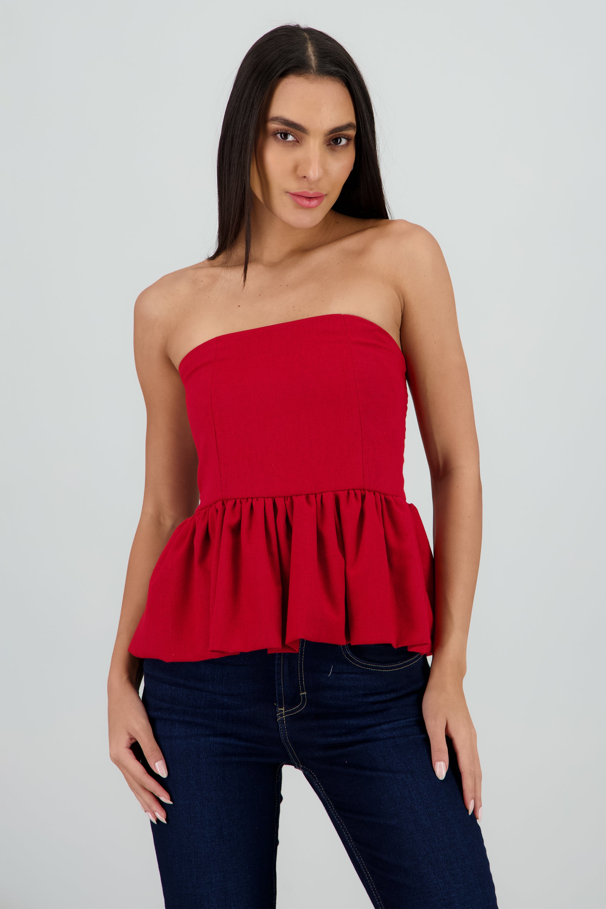 Top strapless durbuja detalle smock CIRUELA