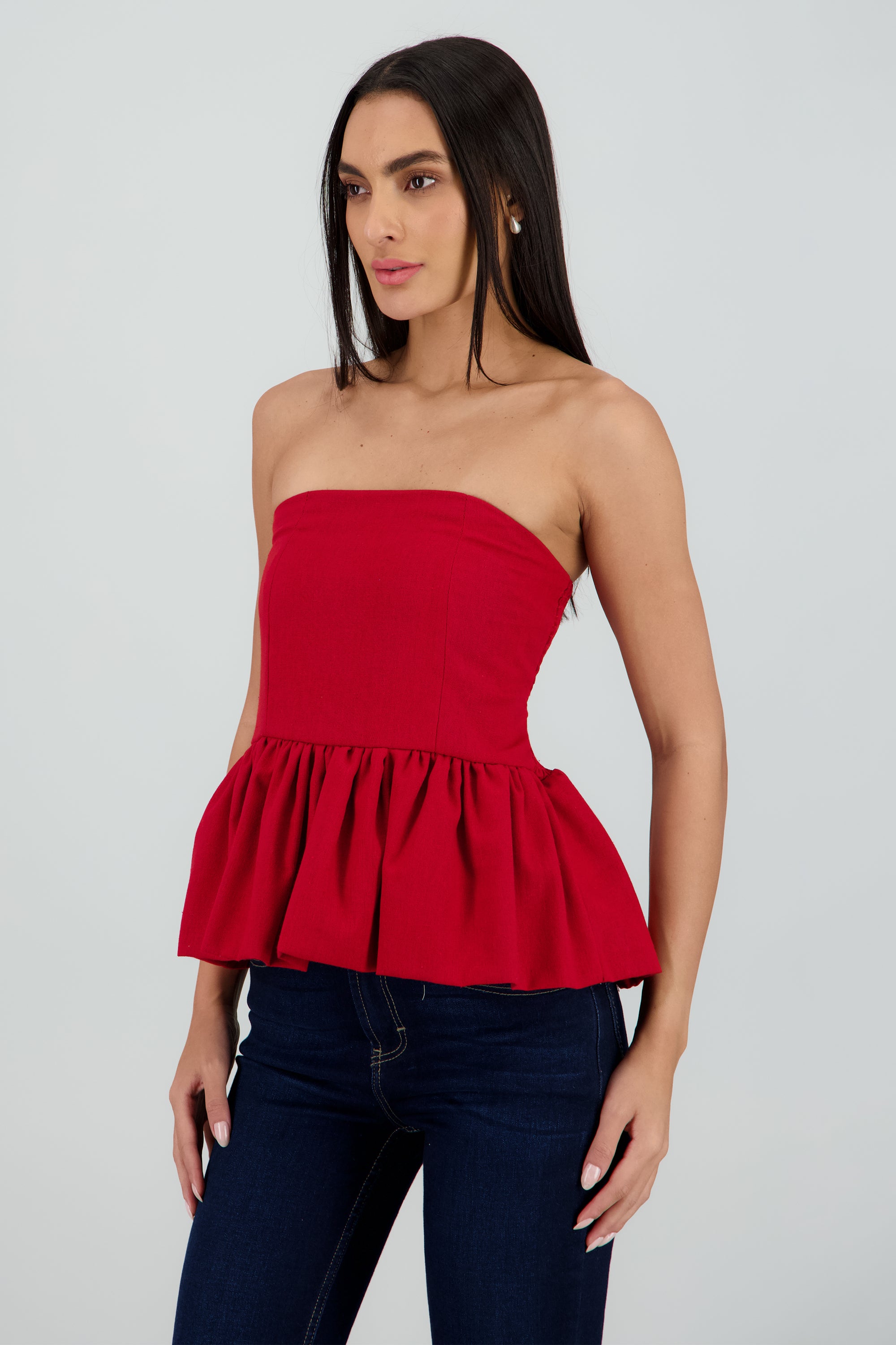 Top strapless durbuja detalle smock CIRUELA