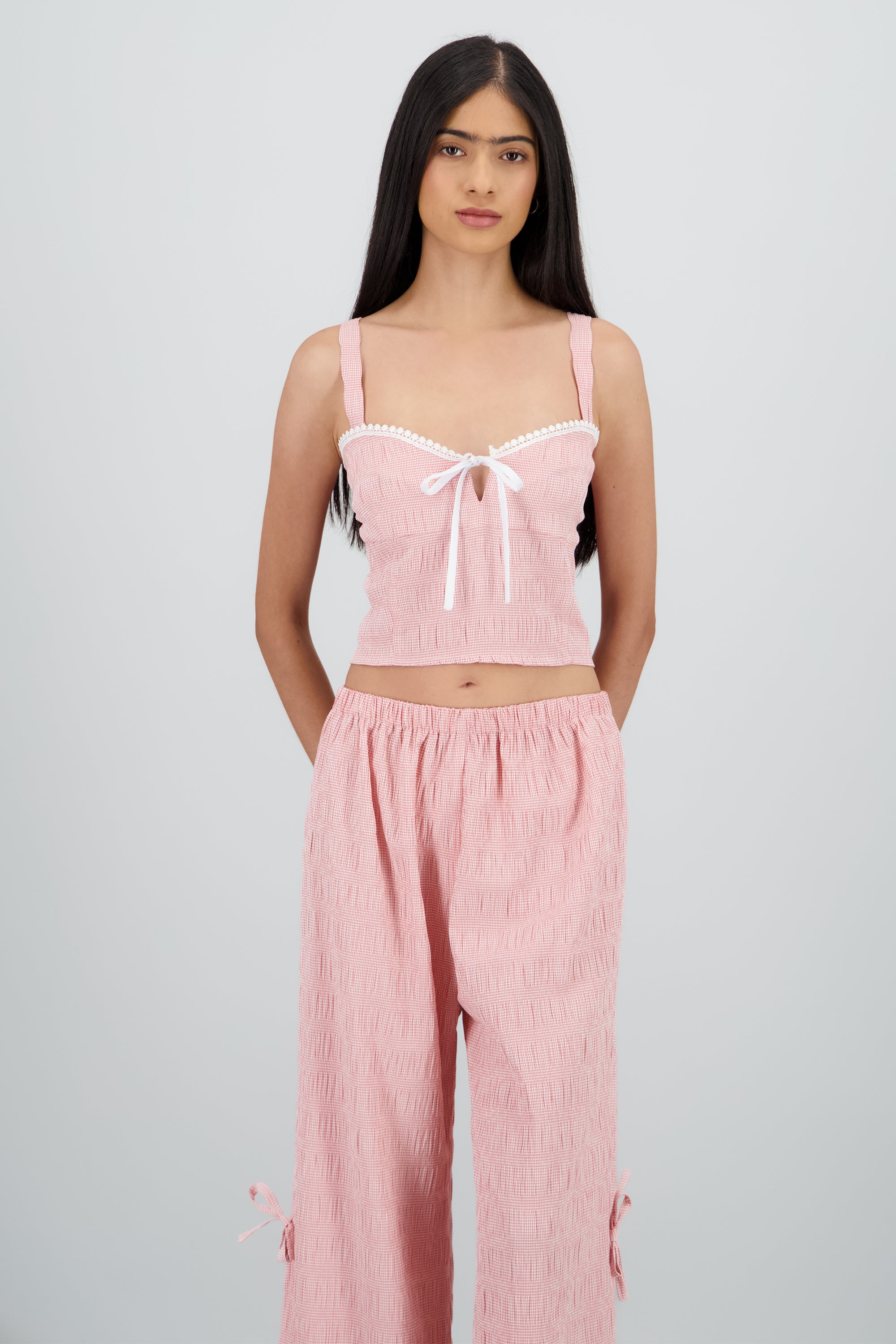 Top escote corazón textura con moño ROJO COMBO