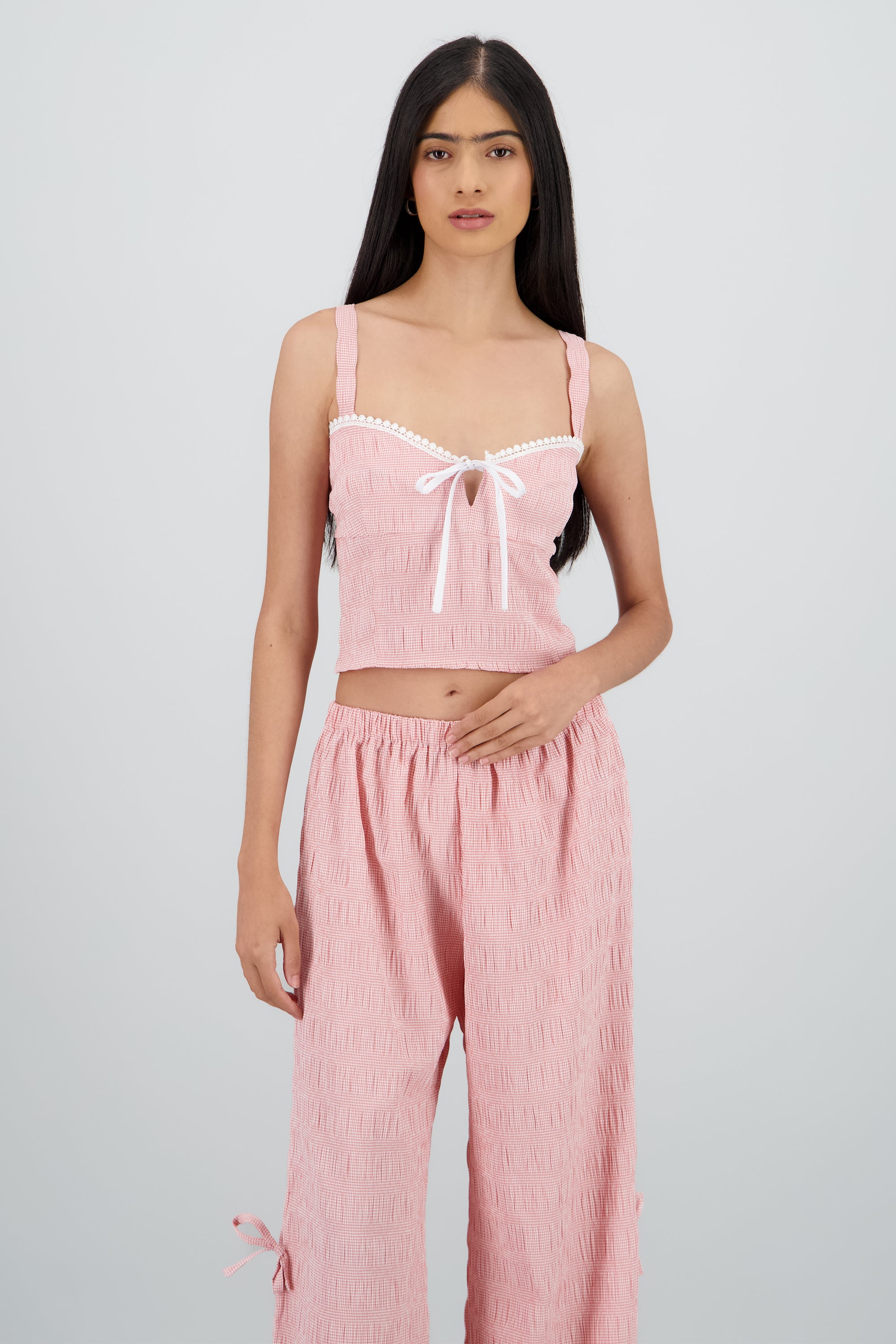 Top escote corazón textura con moño ROJO COMBO