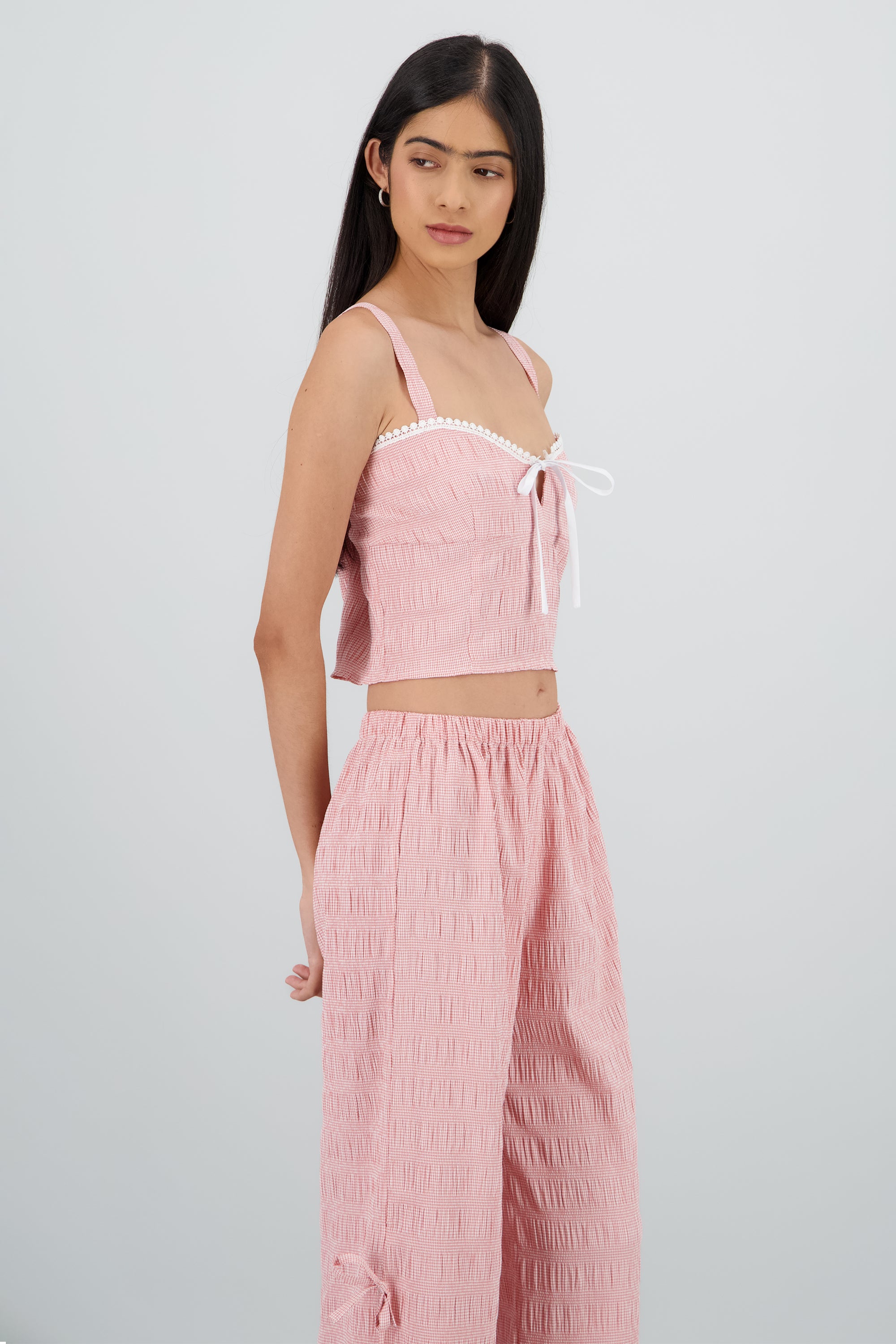 Top escote corazón textura con moño ROJO COMBO