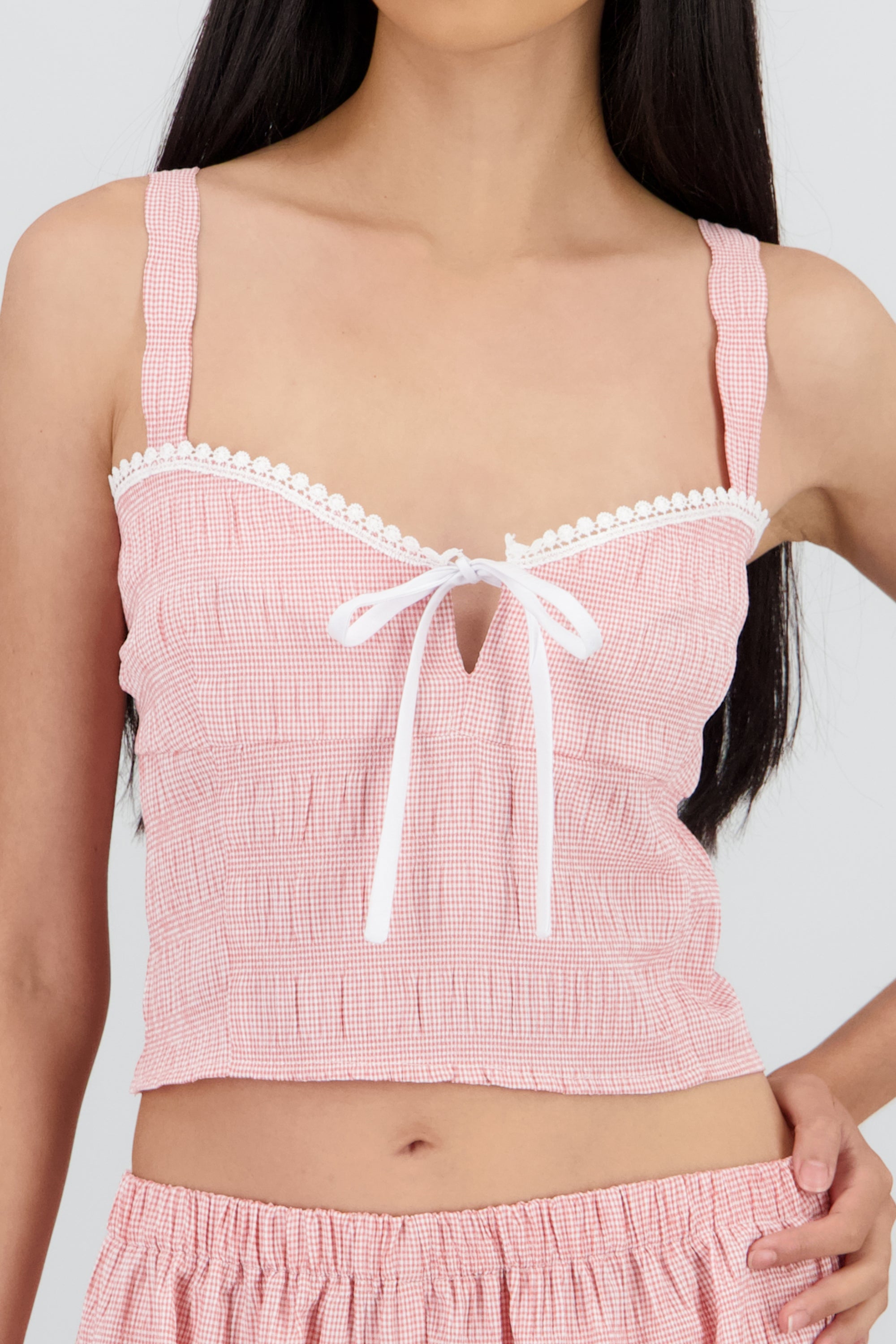 Top escote corazón textura con moño ROJO COMBO