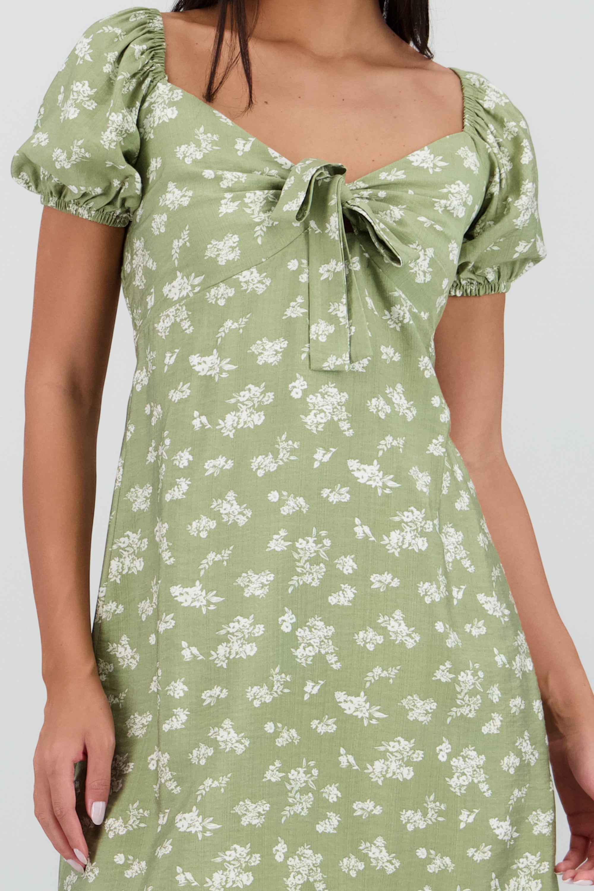 vestido mini manga abullonada detalle moño OLIVO COMBO