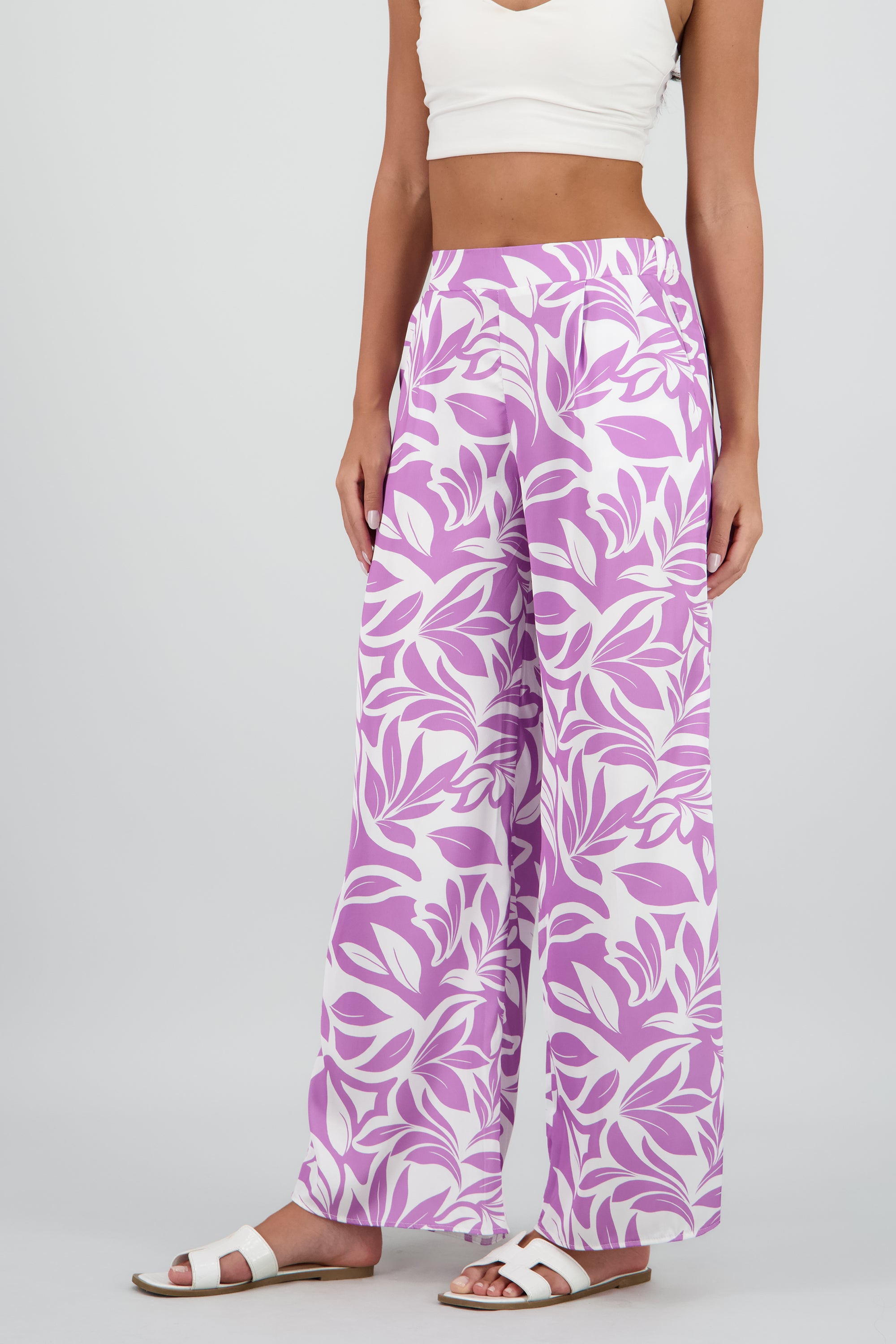 Pantalon wide leg satin estampado flores MORADO COMBO