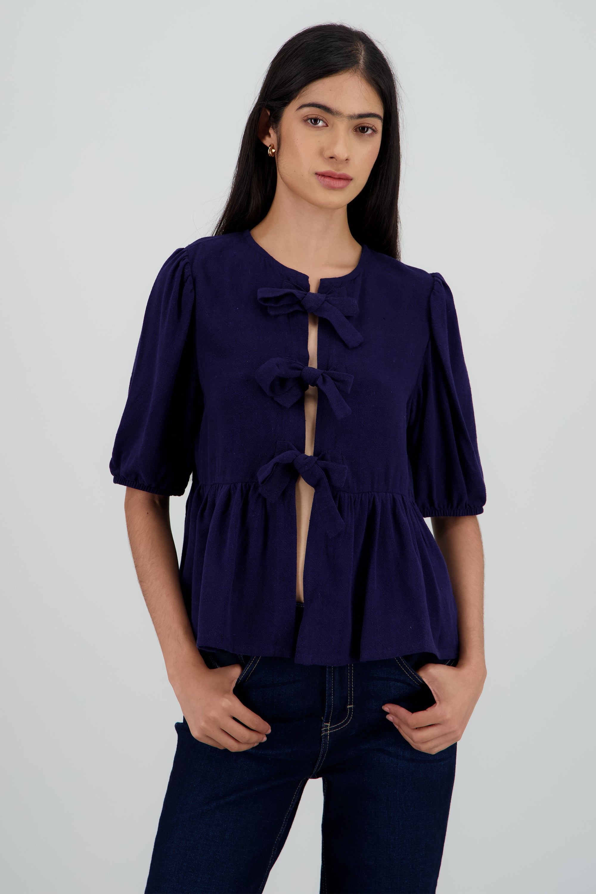 Blusa manga abullonada con moños MARINO