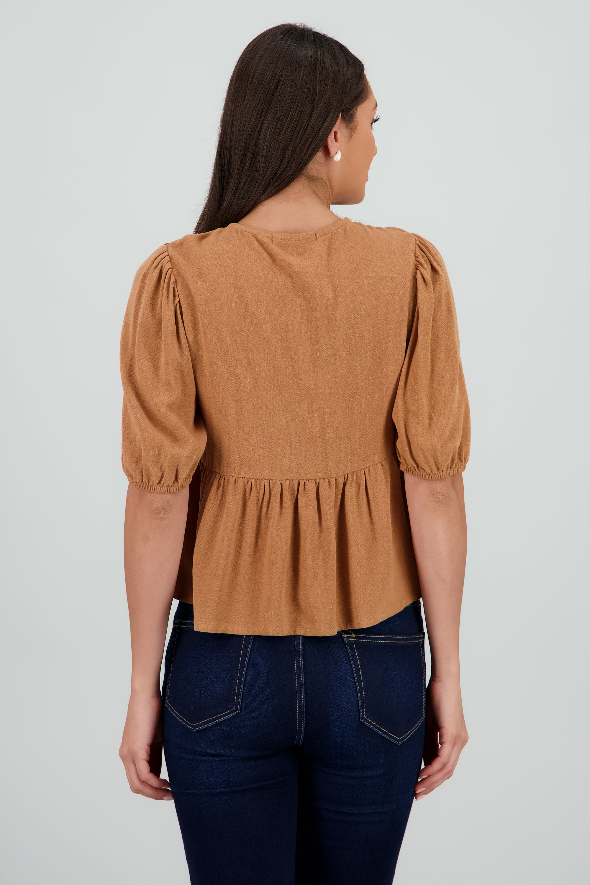 Blusa manga abullonada con moños CAMELLO