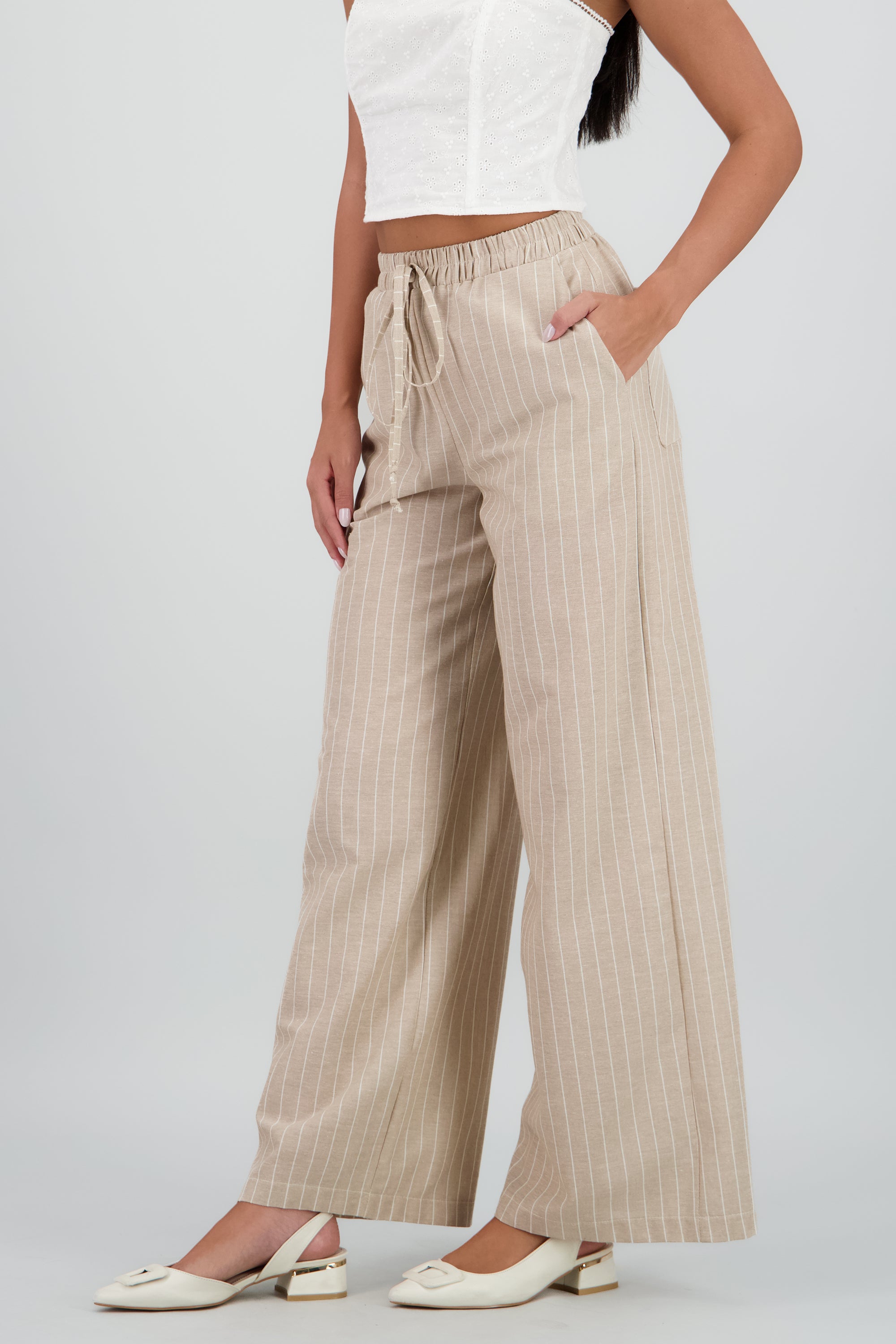 Pantalon fluido ligero rayas KHAKI COMBO