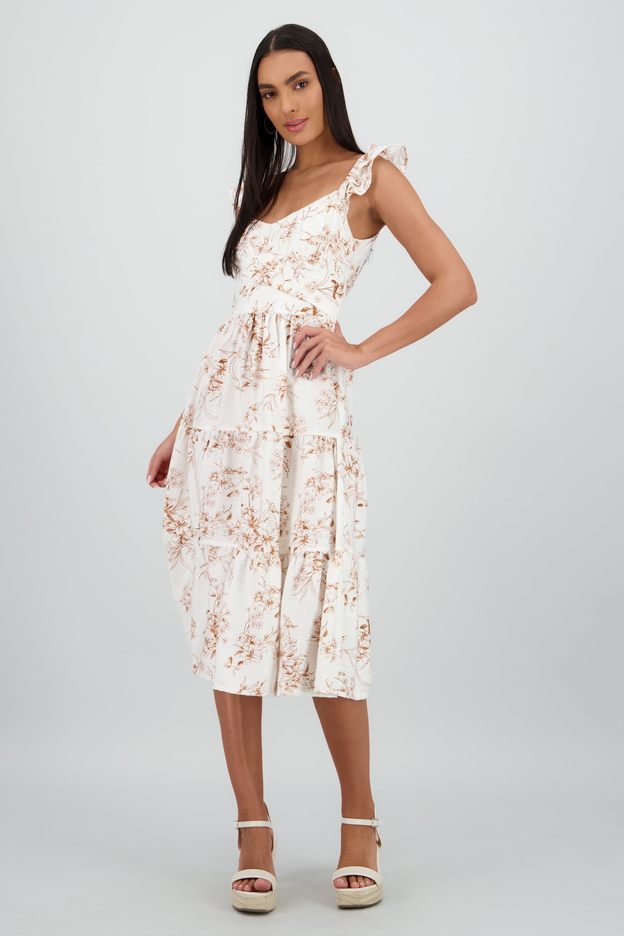 Vestido midi detalle olanes estampado flores CAFE COMBO