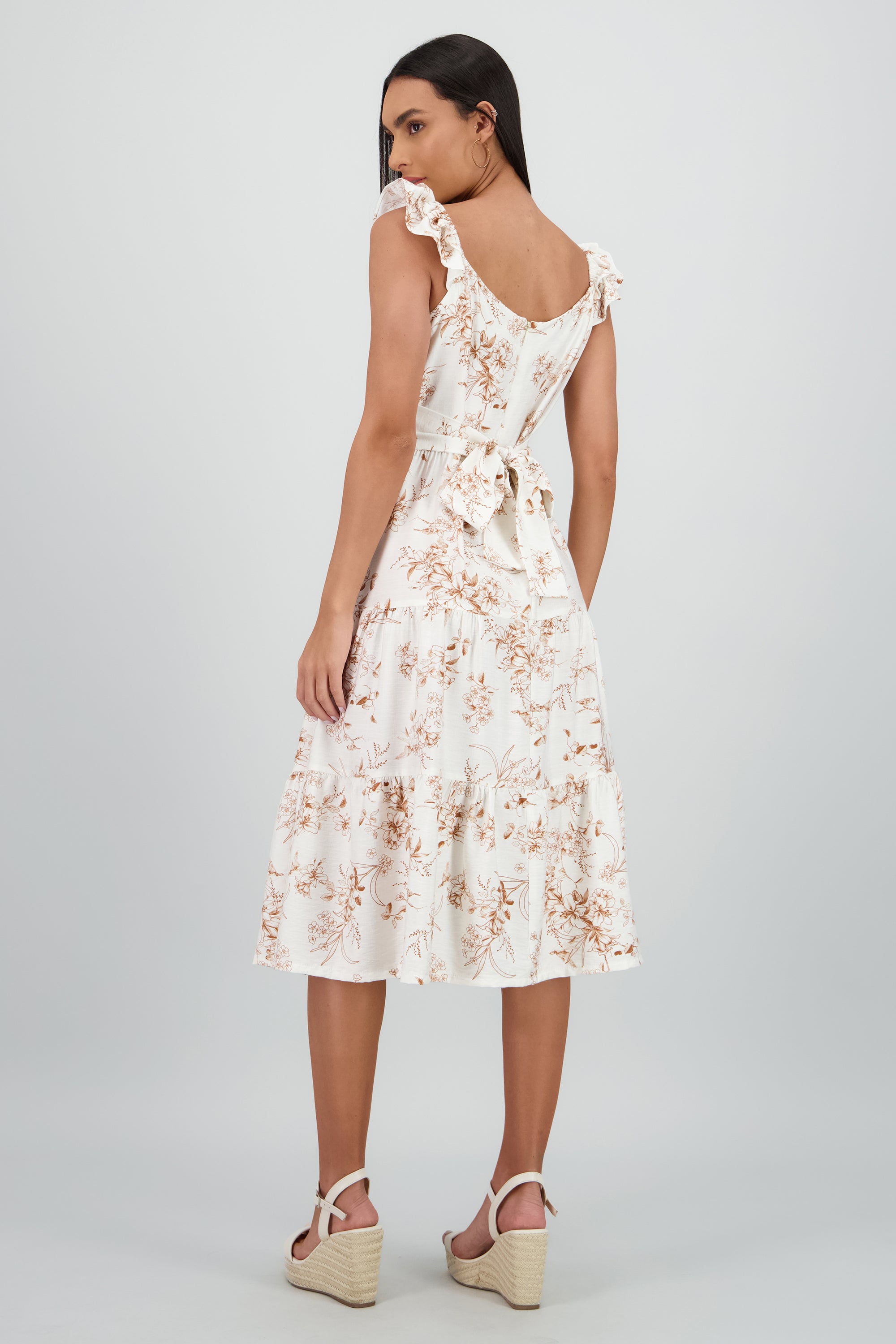 Vestido midi detalle olanes estampado flores CAFE COMBO