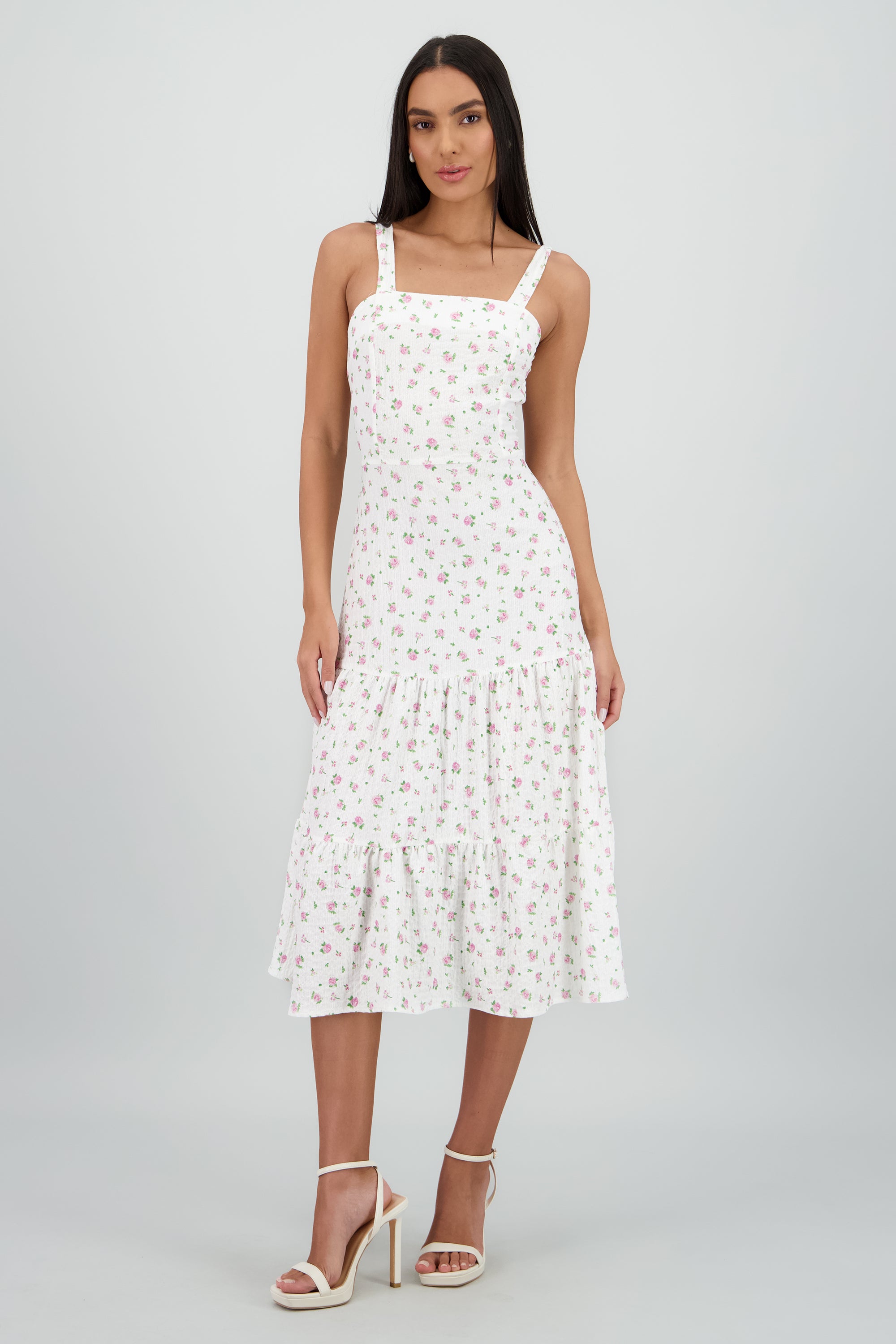 Vestido midi tirantes estampado flores ROSA COMBO