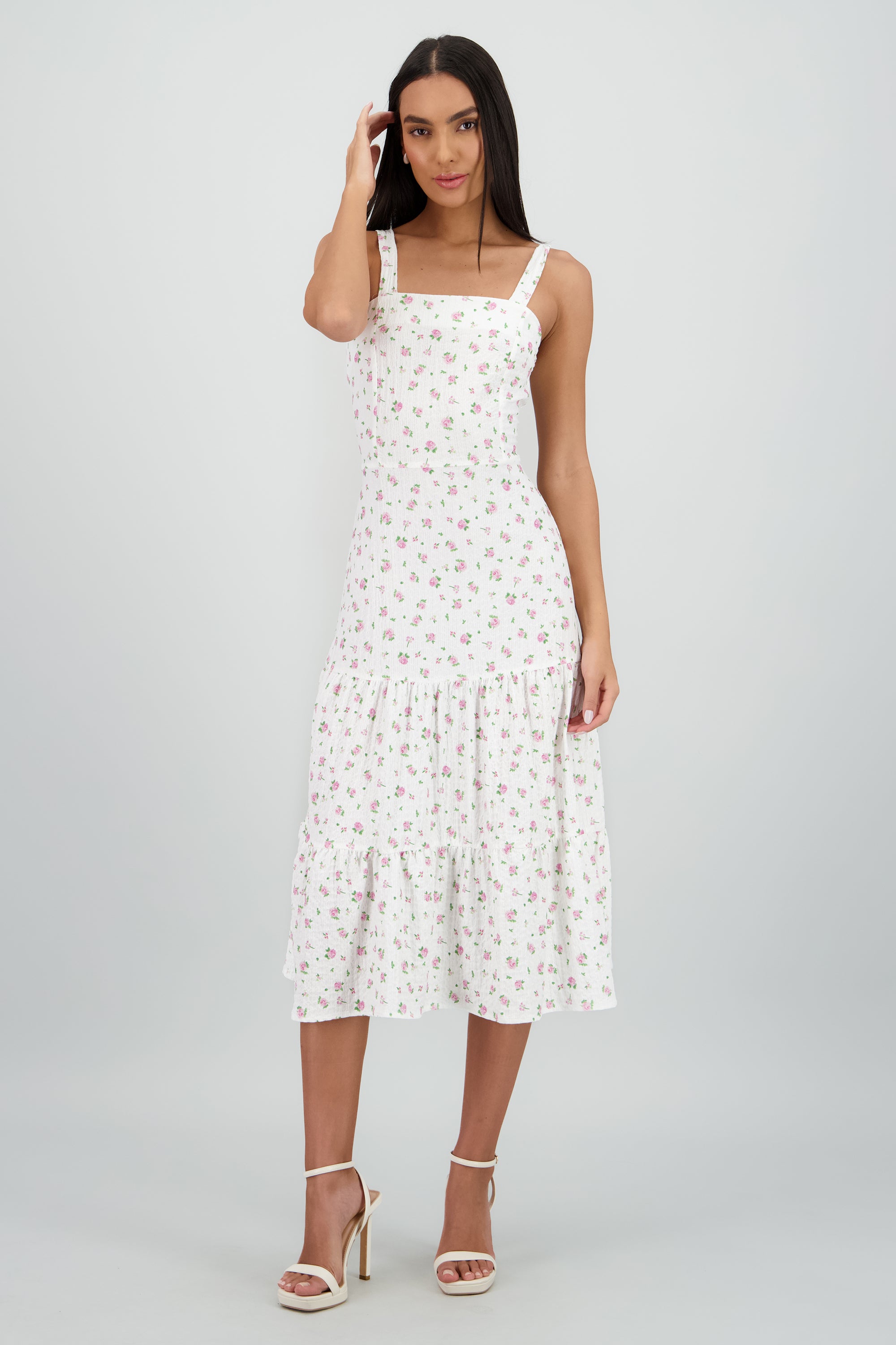 Vestido midi tirantes estampado flores ROSA COMBO